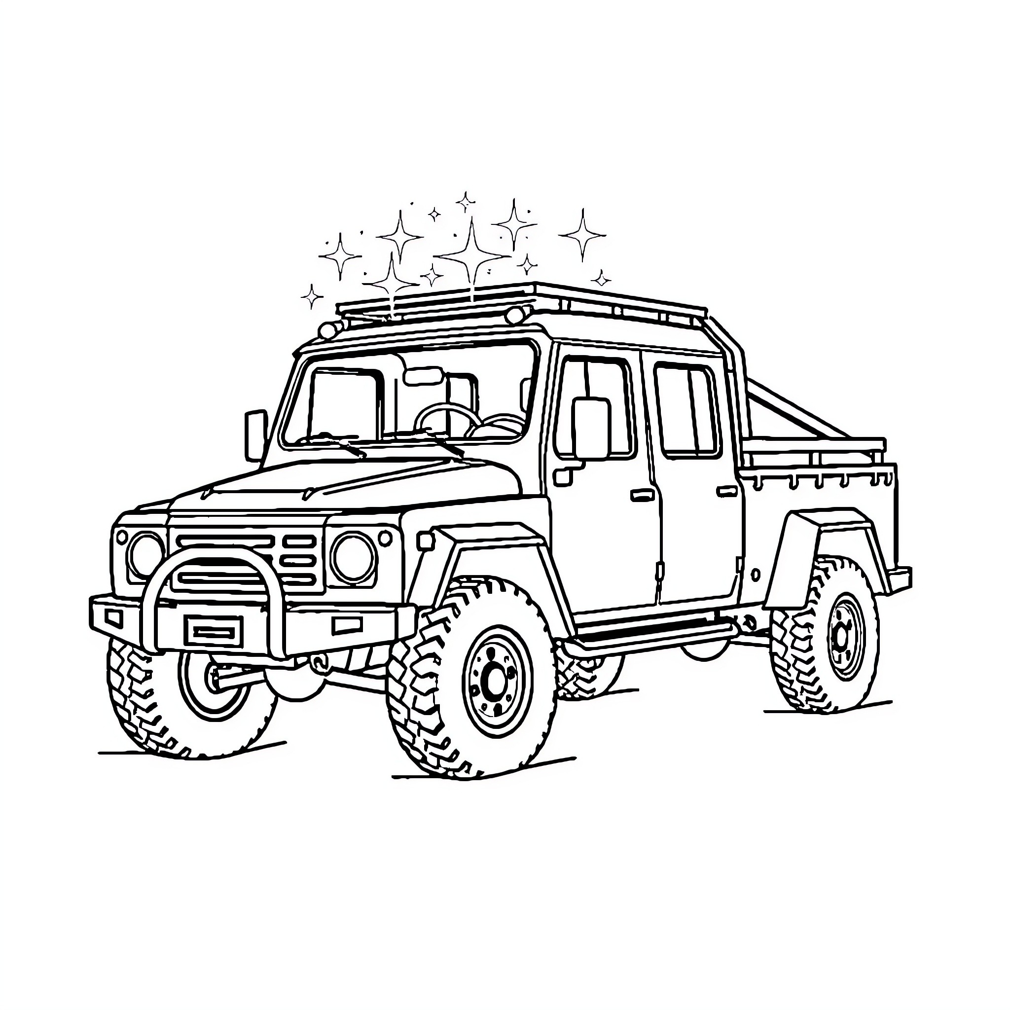 4x4 Truck traversing rugged terrain with rooftop lights Coloring Page (free black-and-white line drawing printable PDF for all, from beginners to advanced learners, including children, teens, adults, and seniors)