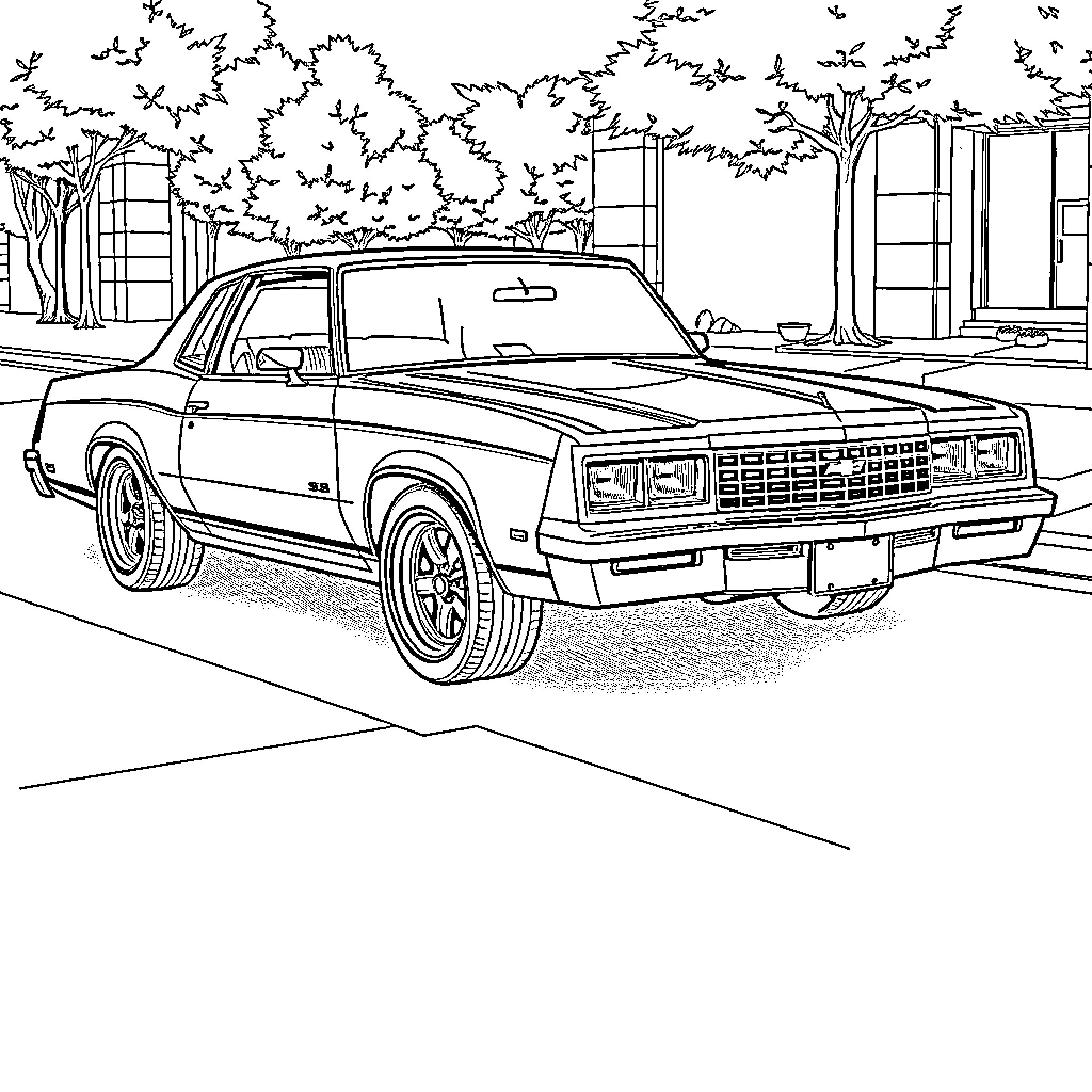 Chevrolet vintage car parked in city street Coloring Page (free black-and-white line drawing printable PDF for all, from beginners to advanced learners, including children, teens, adults, and seniors)
