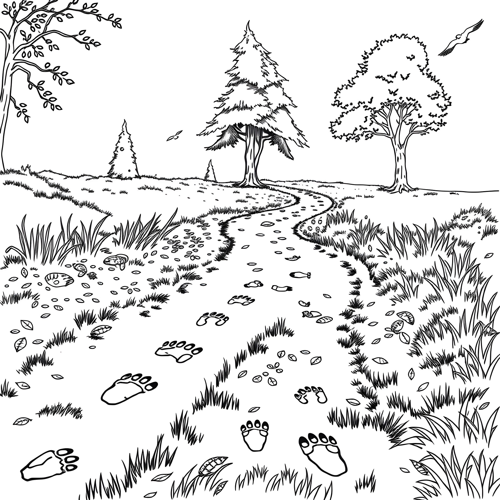 Animal Footprint in the Tranquil Forest Landscape Coloring Page (free black-and-white line drawing printable PDF for all, from beginners to advanced learners, including children, teens, adults, and seniors)