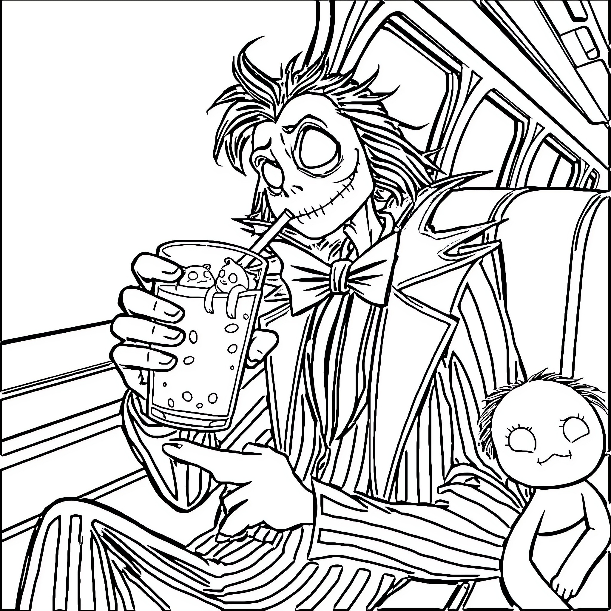 Beetlejuice enjoying a beverage with a ghostly companion Coloring Page (free black-and-white line drawing printable PDF for all, from beginners to advanced learners, including children, teens, adults, and seniors)
