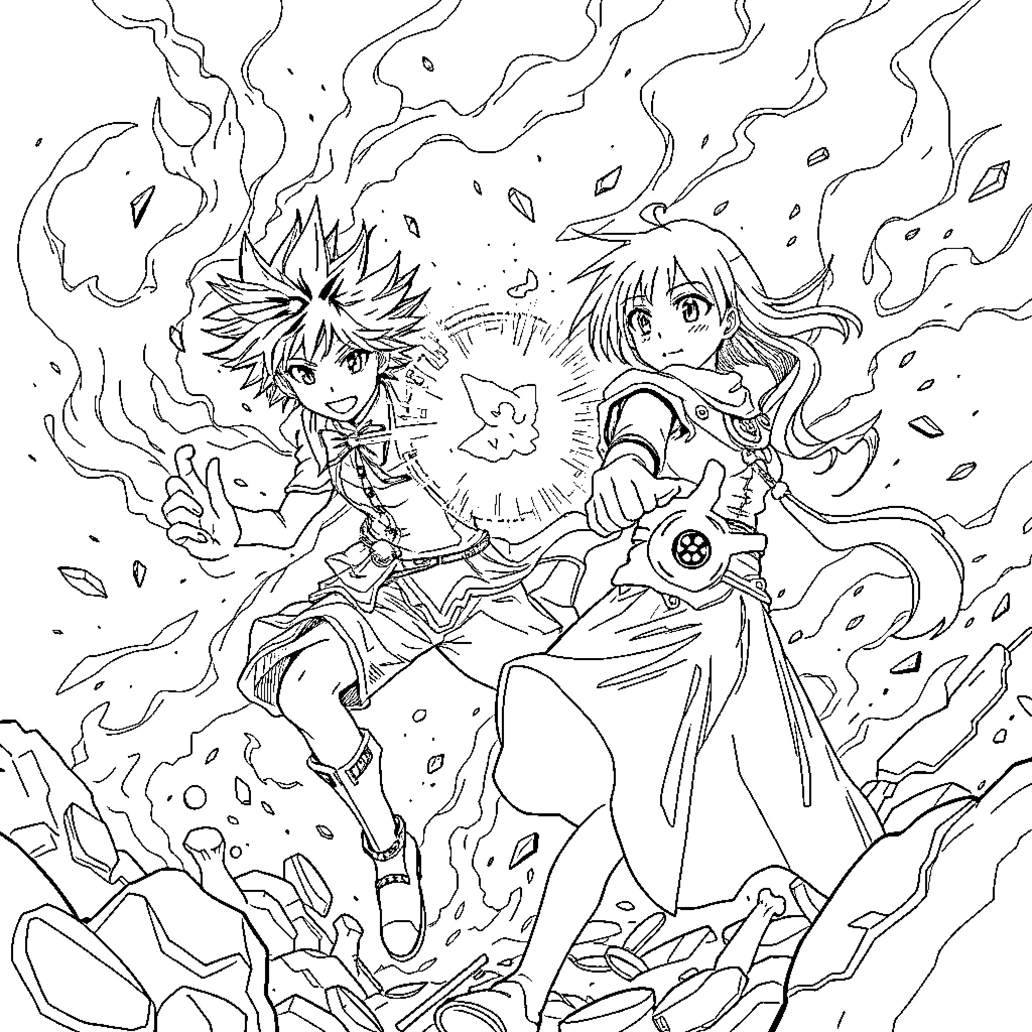Natsu's Fiery Encounter with a Brave Ally Coloring Page (free black-and-white line drawing printable PDF for all, from beginners to advanced learners, including children, teens, adults, and seniors)