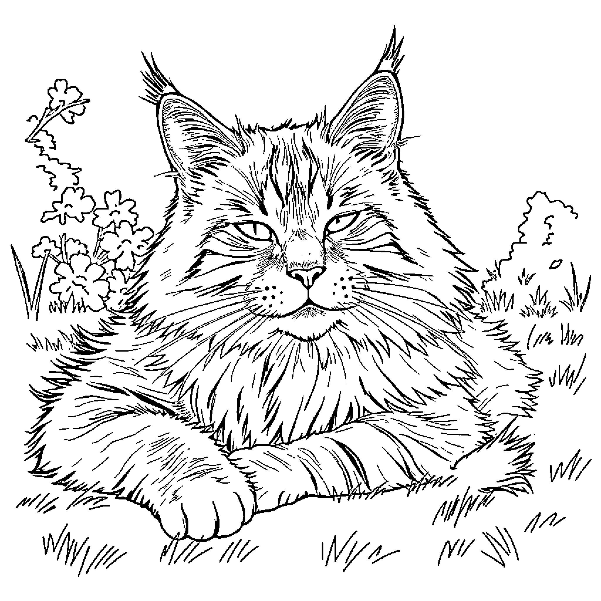 Maine Coon cat resting in the garden Coloring Page (free black-and-white line drawing printable PDF for all, from beginners to advanced learners, including children, teens, adults, and seniors)