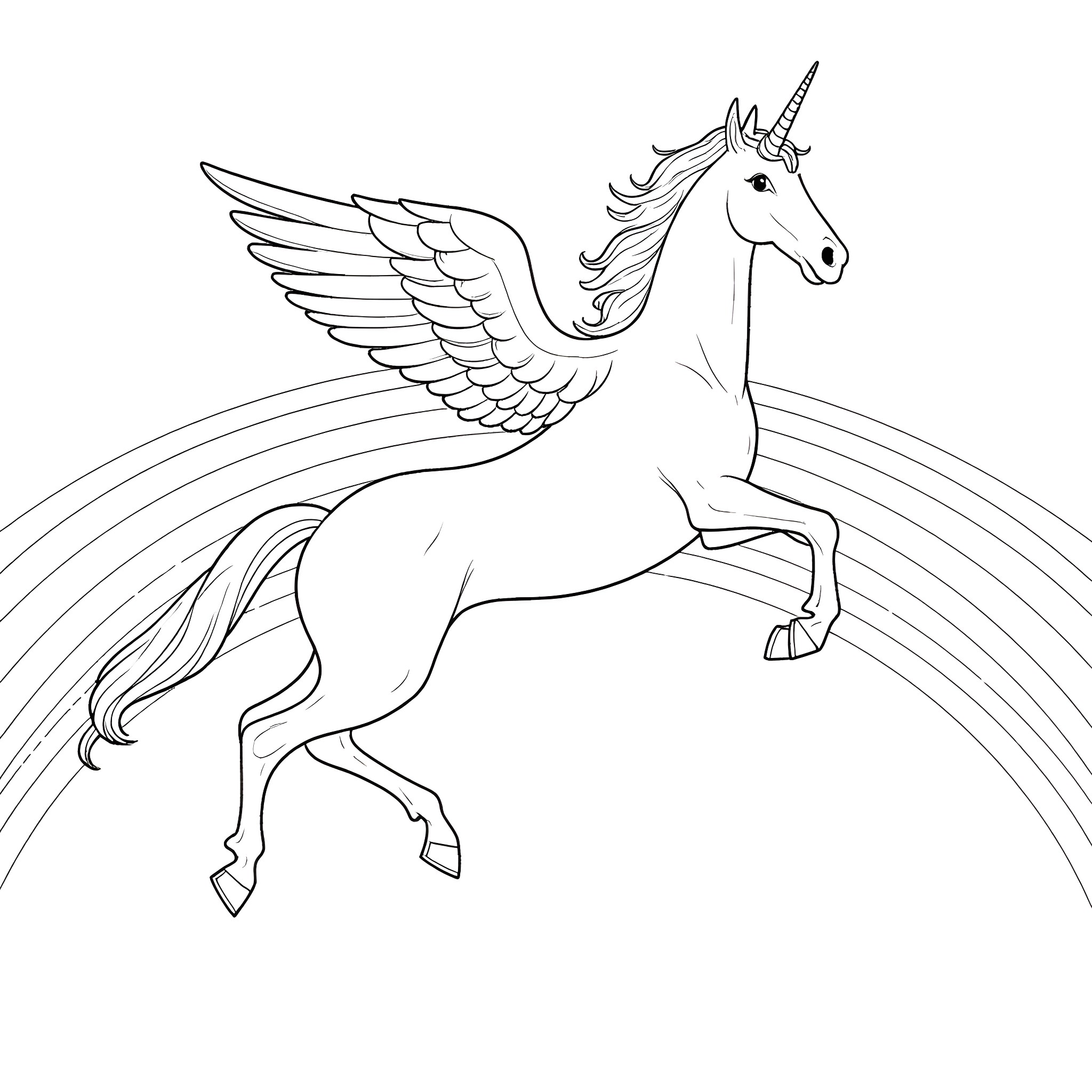 Unicorn soaring with majestic wings Coloring Page (free black-and-white line drawing printable PDF for all, from beginners to advanced learners, including children, teens, adults, and seniors)
