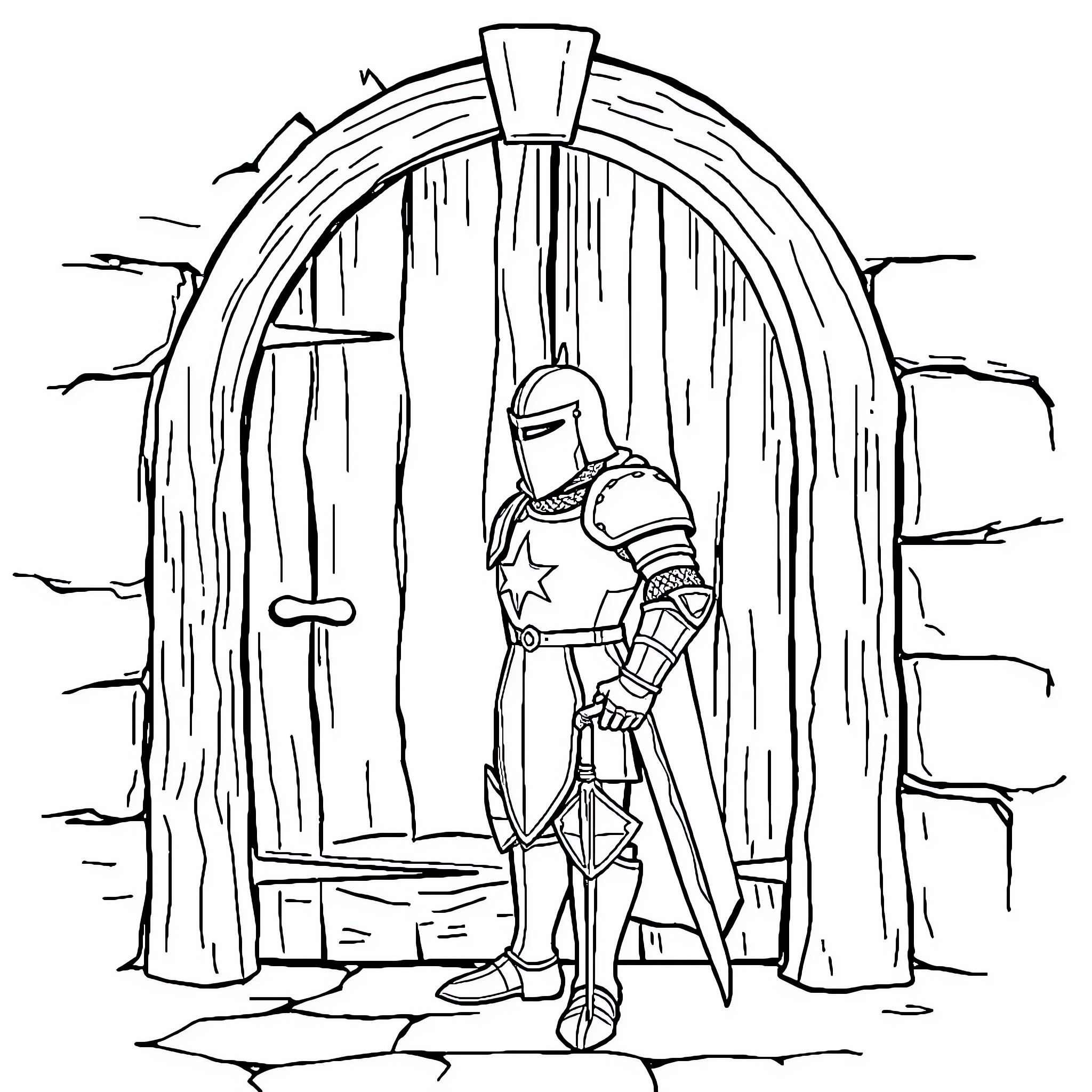 Knight guarding the castle doorway Coloring Page (free black-and-white line drawing printable PDF for all, from beginners to advanced learners, including children, teens, adults, and seniors)