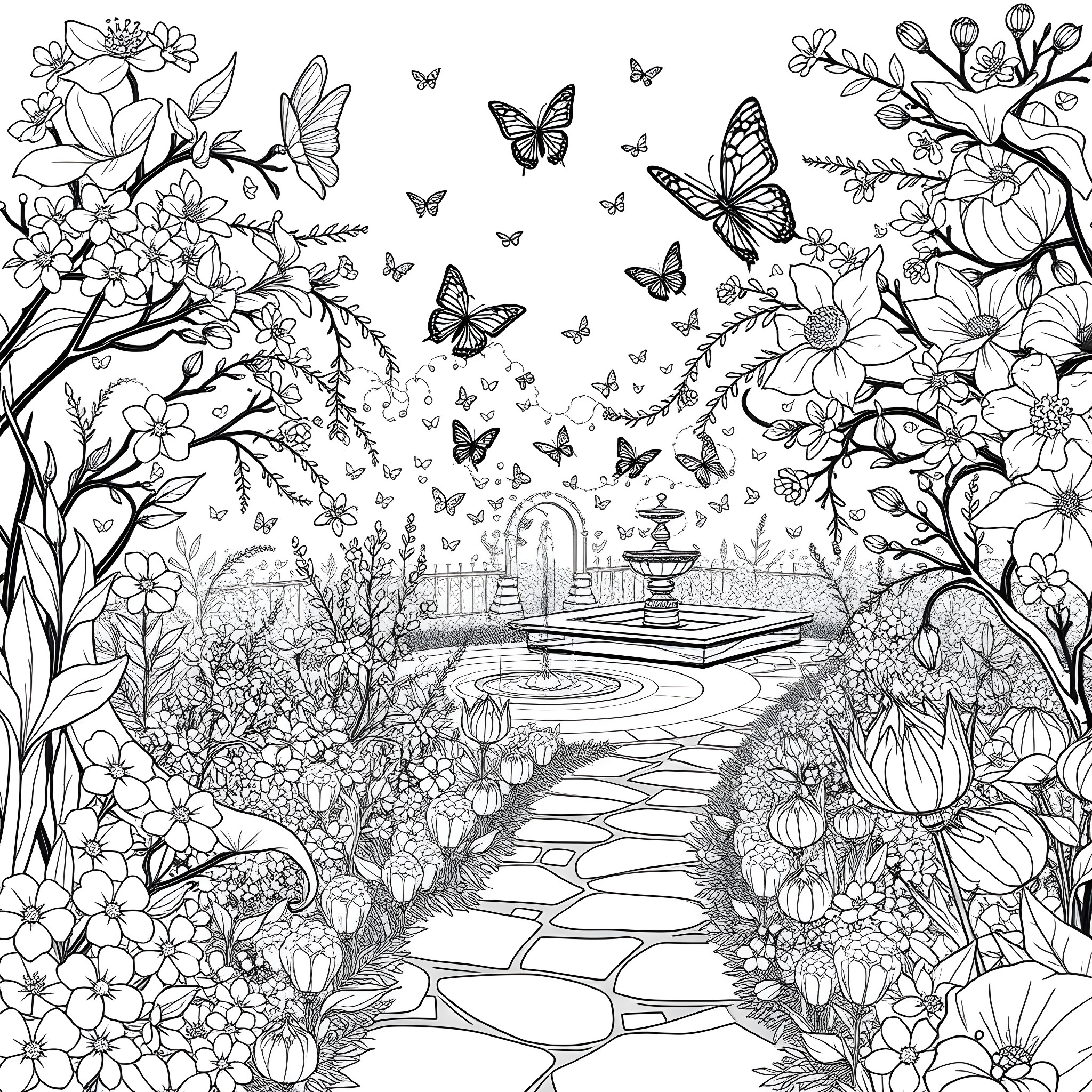 Garden Filled with Blooming Flowers and Butterflies Coloring Page (free black-and-white line drawing printable PDF for all, from beginners to advanced learners, including children, teens, adults, and seniors)