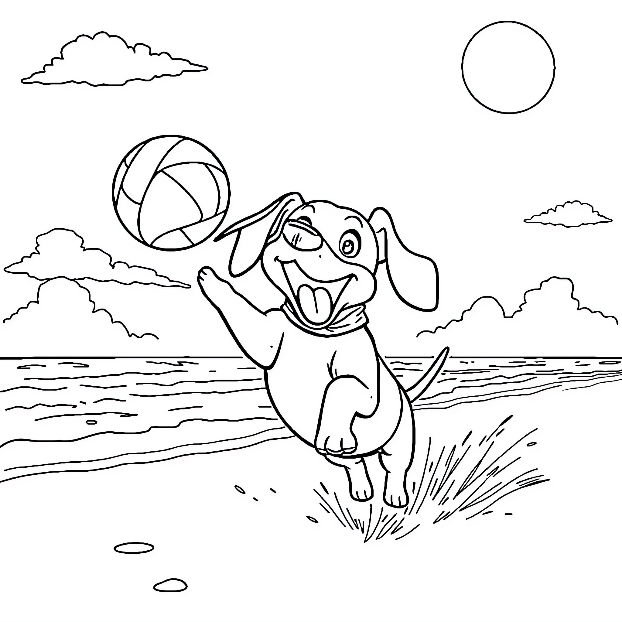 Weiner Dog playing happily with a ball on the beach Coloring Page (free black-and-white line drawing printable PDF for all, from beginners to advanced learners, including children, teens, adults, and seniors)