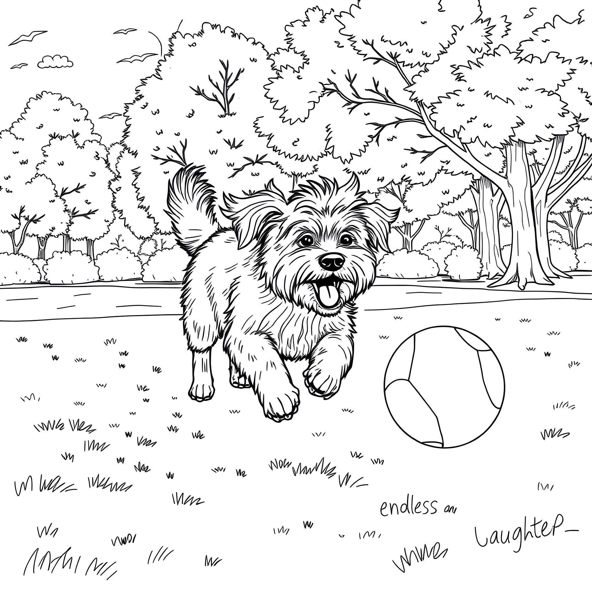 Dog Playing Happily in Lush Outdoor Scenery Coloring Page (free black-and-white line drawing printable PDF for all, from beginners to advanced learners, including children, teens, adults, and seniors)