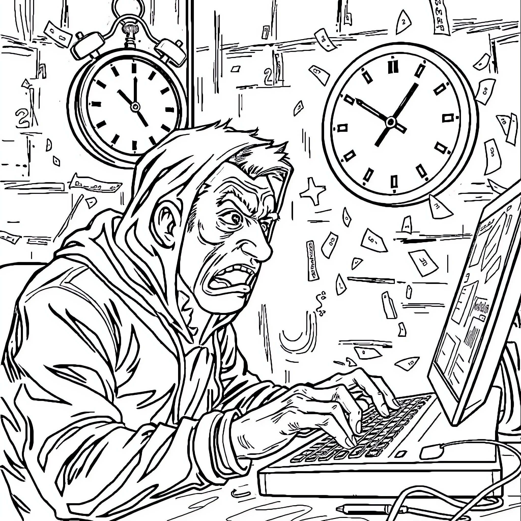 Hacker frantically working against the clock Coloring Page (free black-and-white line drawing printable PDF for all, from beginners to advanced learners, including children, teens, adults, and seniors)