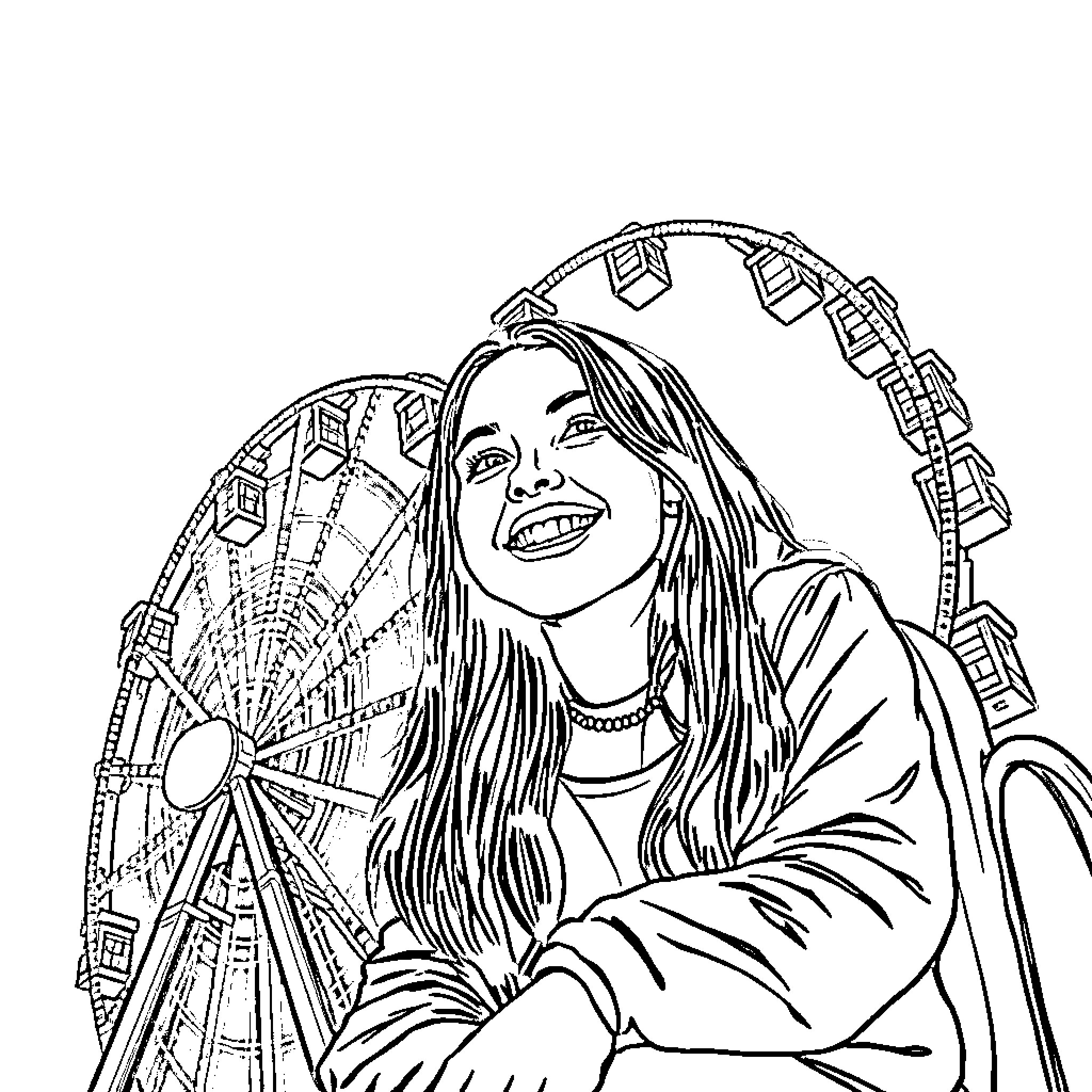 Billie Eilish enjoying carnival rides and attractions Coloring Page (free black-and-white line drawing printable PDF for all, from beginners to advanced learners, including children, teens, adults, and seniors)