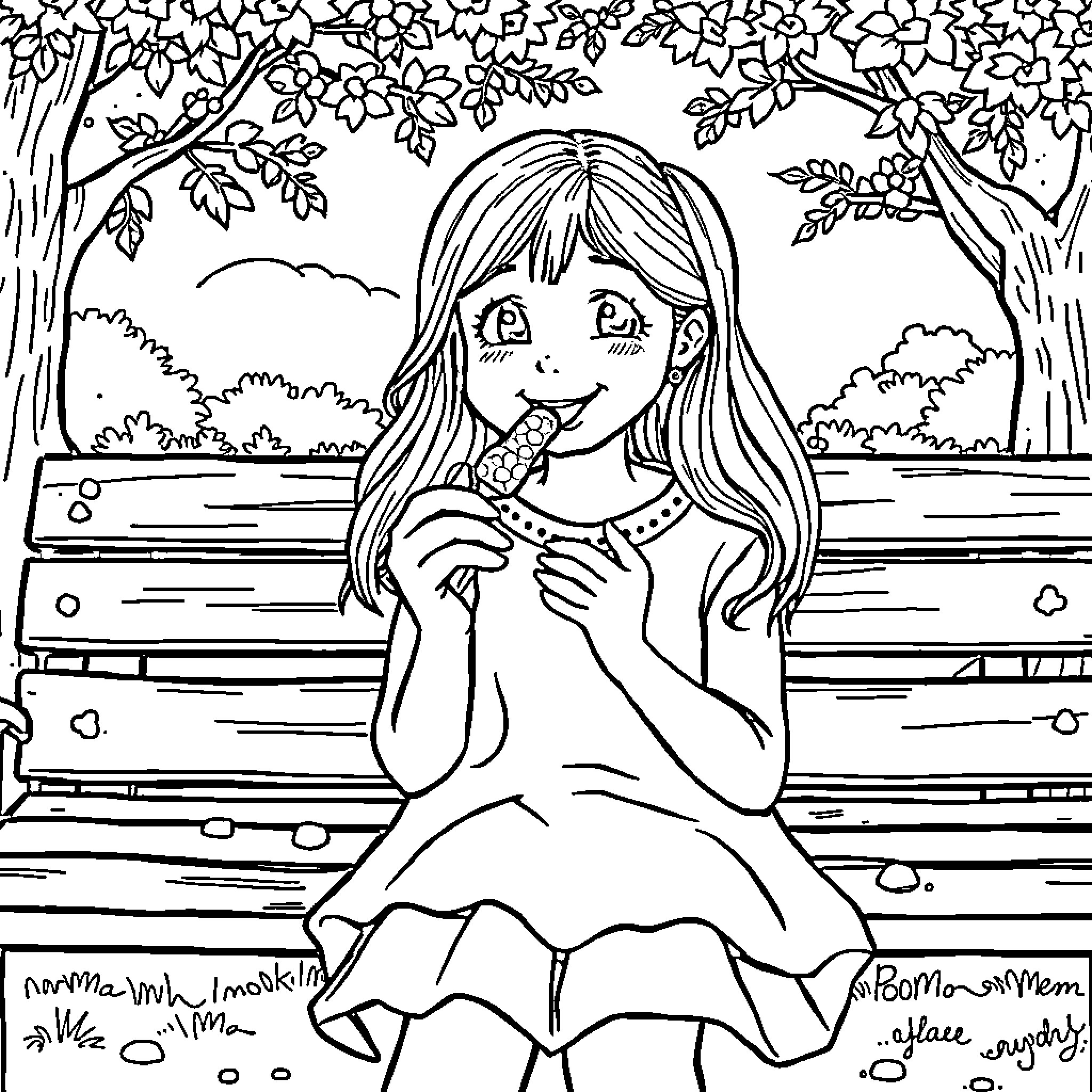Girl Enjoying a Snack in Nature Coloring Page (free black-and-white line drawing printable PDF for all, from beginners to advanced learners, including children, teens, adults, and seniors)