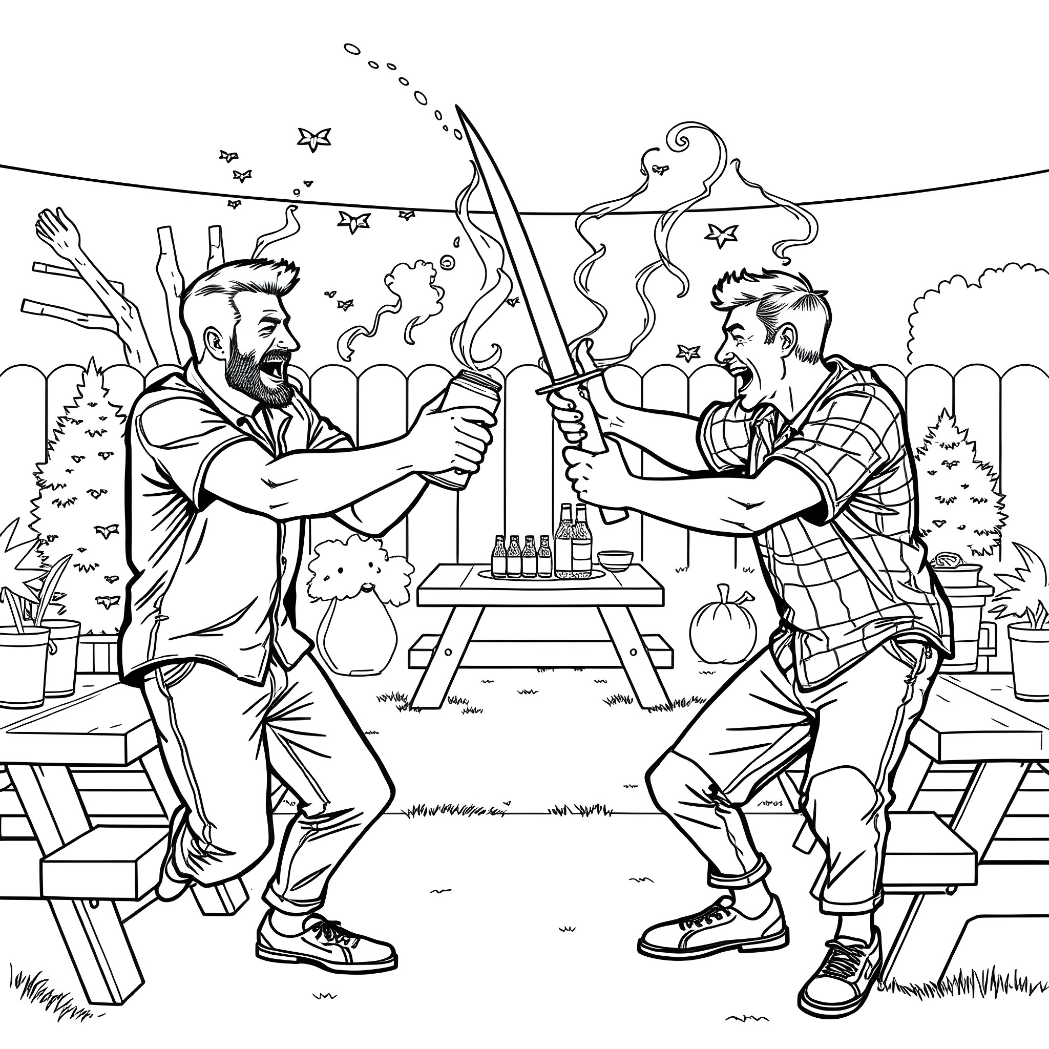 Beer-Fueled Friendly Rivalry in the Backyard Coloring Page (free black-and-white line drawing printable PDF for all, from beginners to advanced learners, including children, teens, adults, and seniors)