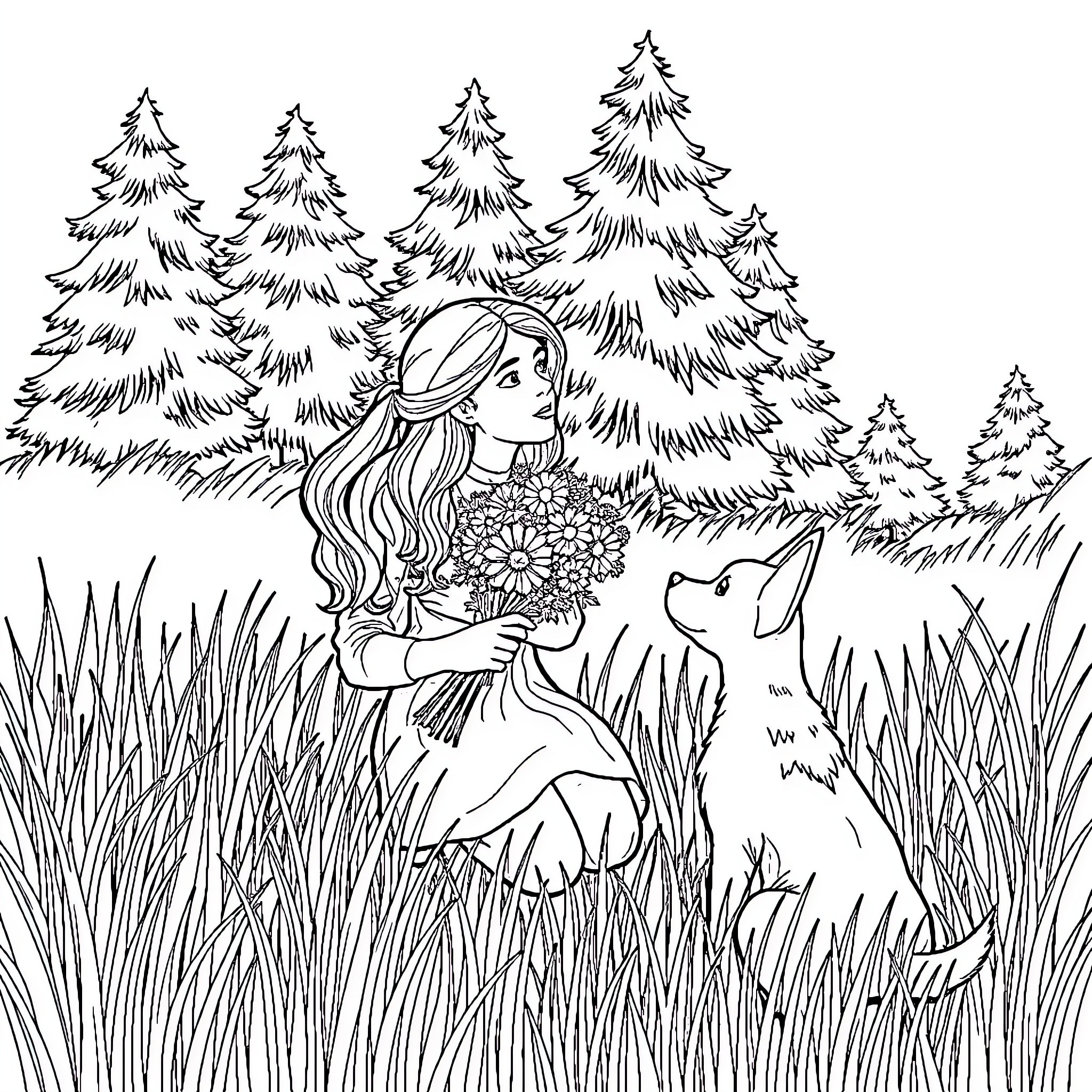 Addie Rose playing with her puppy in the forest Coloring Page (free black-and-white line drawing printable PDF for all, from beginners to advanced learners, including children, teens, adults, and seniors)