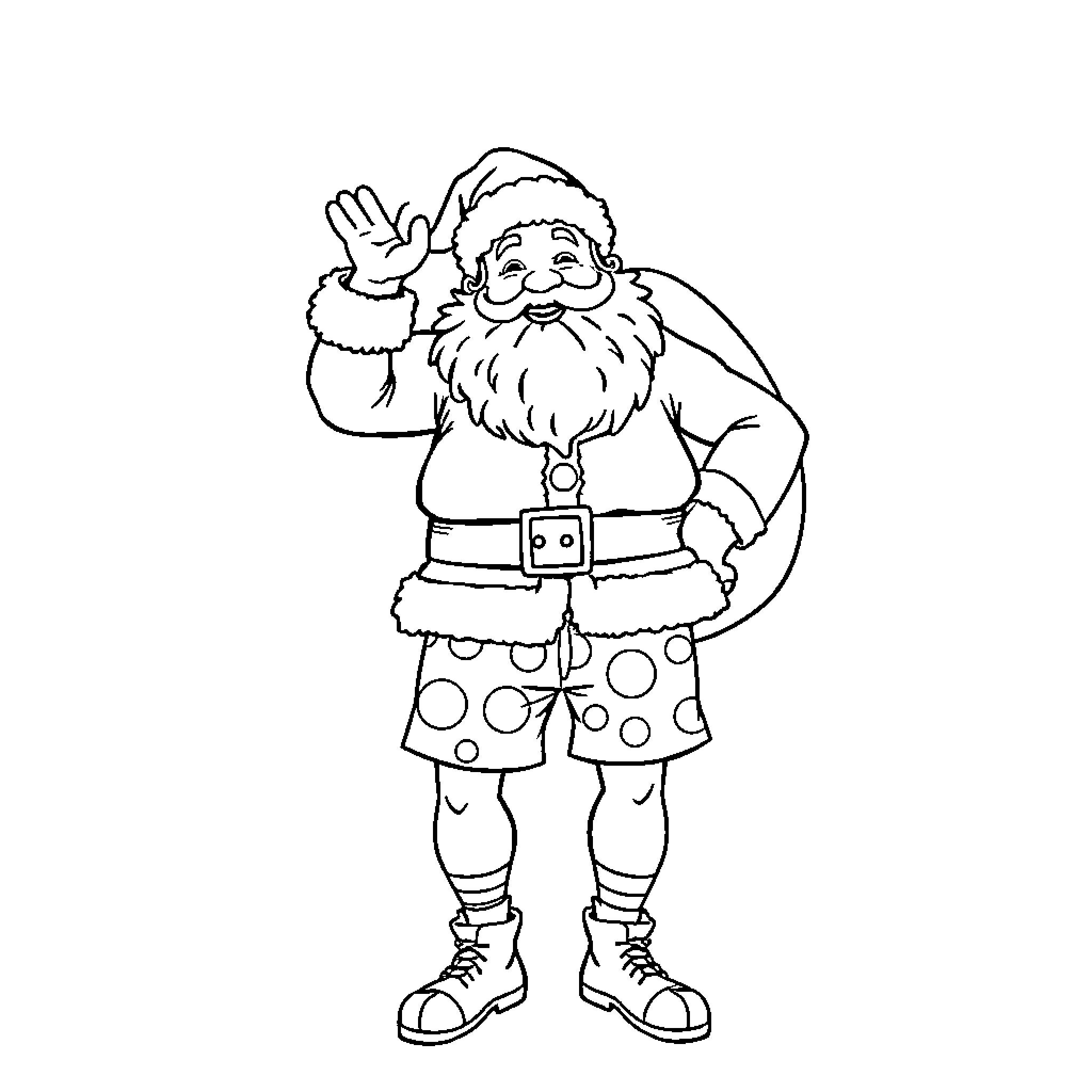 Santa Claus waving cheerfully in festive attire Coloring Page (free black-and-white line drawing printable PDF for all, from beginners to advanced learners, including children, teens, adults, and seniors)