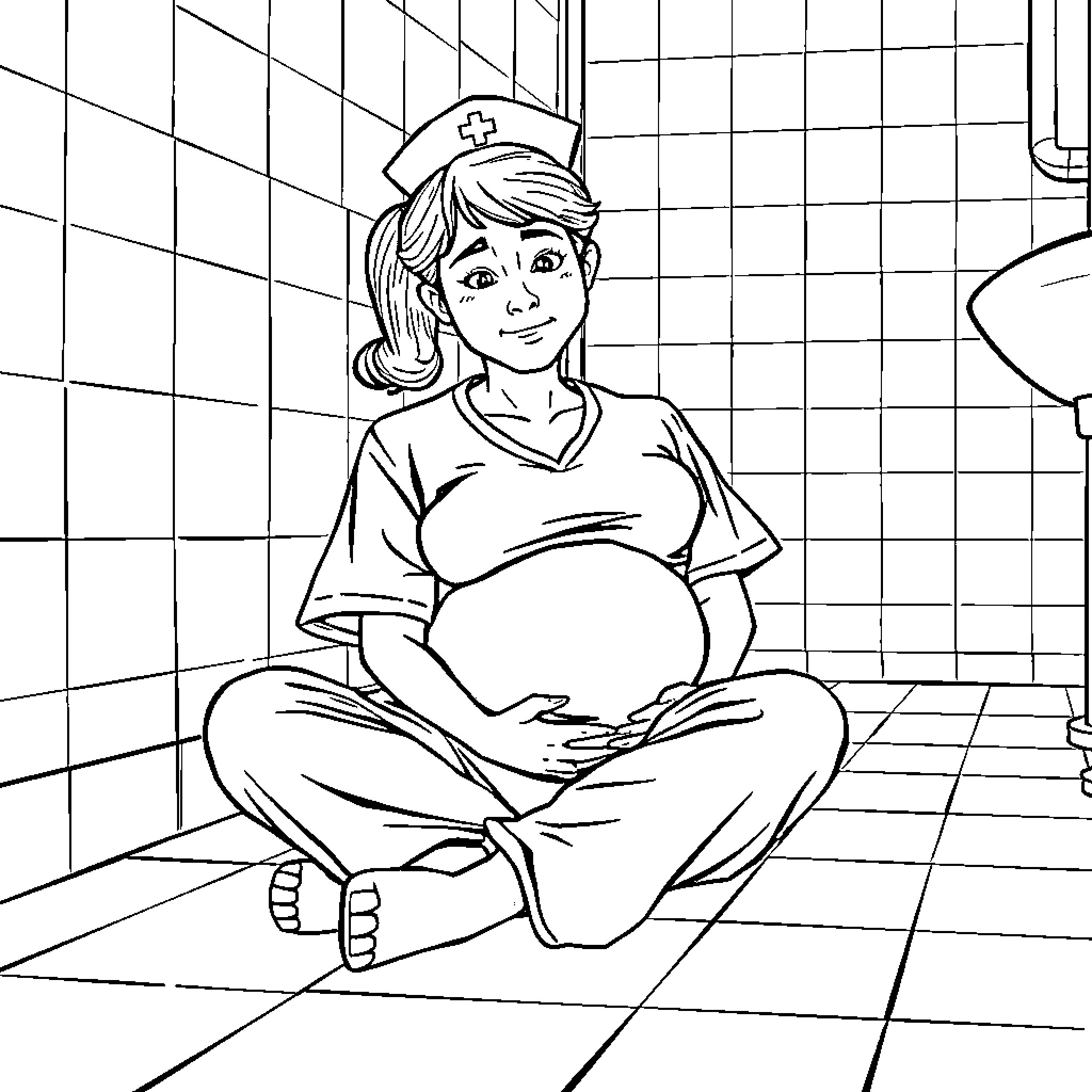 Nurse caring for pregnant patient in hospital Coloring Page (free black-and-white line drawing printable PDF for all, from beginners to advanced learners, including children, teens, adults, and seniors)