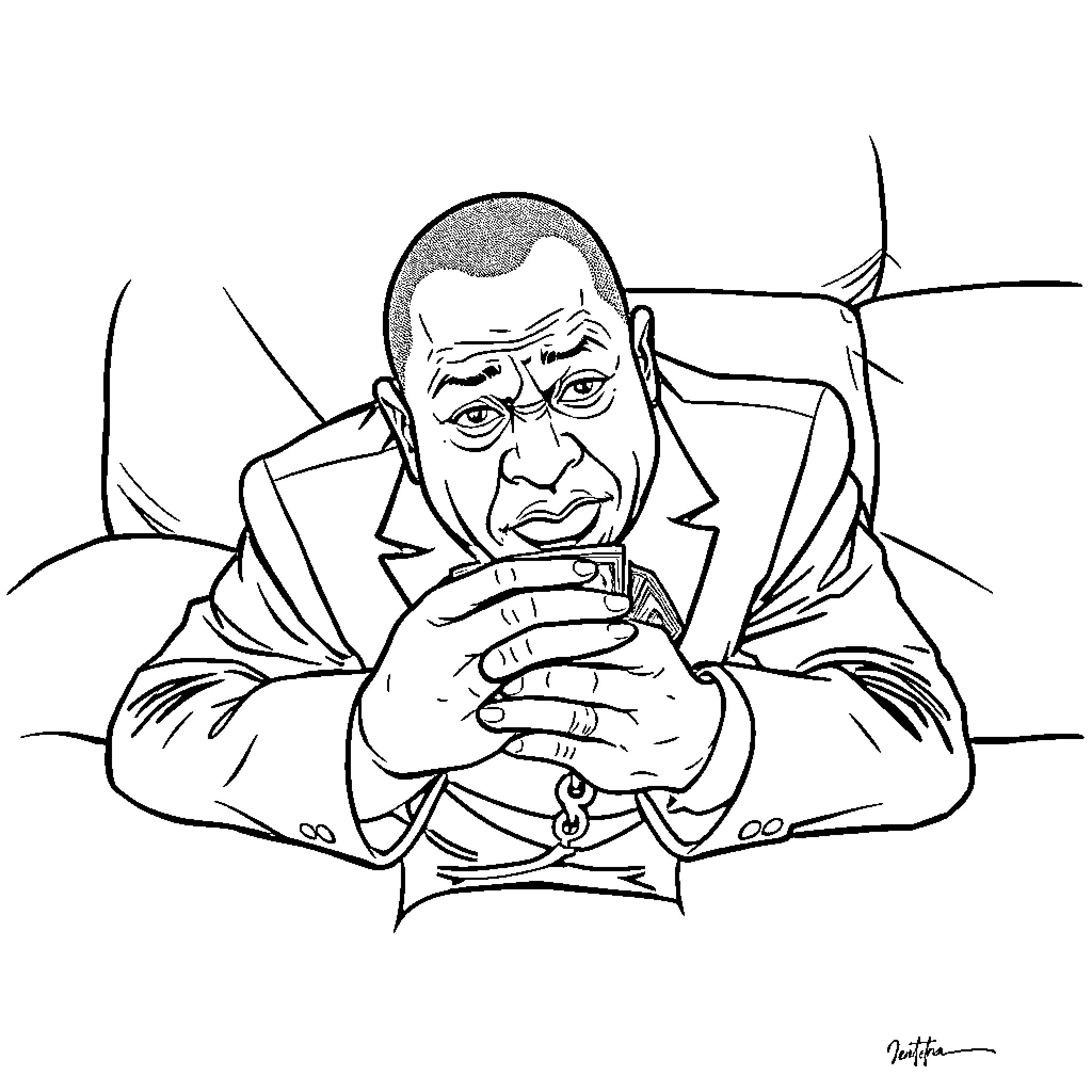 President Thoughtfully Considering Smartphone Coloring Page (free black-and-white line drawing printable PDF for all, from beginners to advanced learners, including children, teens, adults, and seniors)