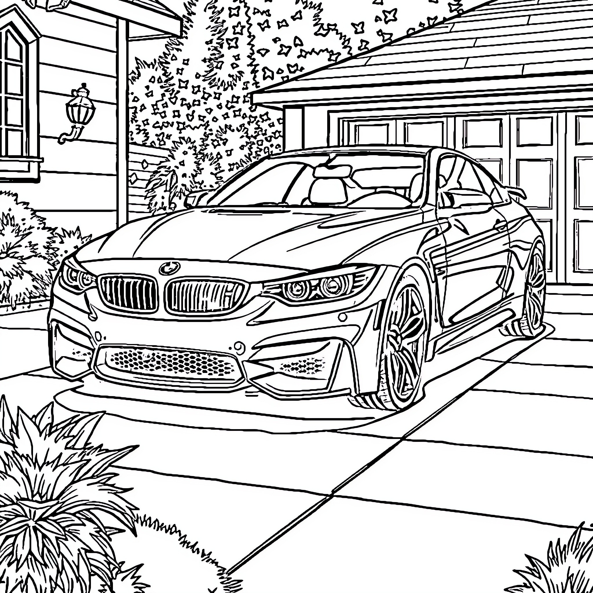 Car Parked in Driveway with Decorative Foliage Coloring Page (free black-and-white line drawing printable PDF for all, from beginners to advanced learners, including children, teens, adults, and seniors)