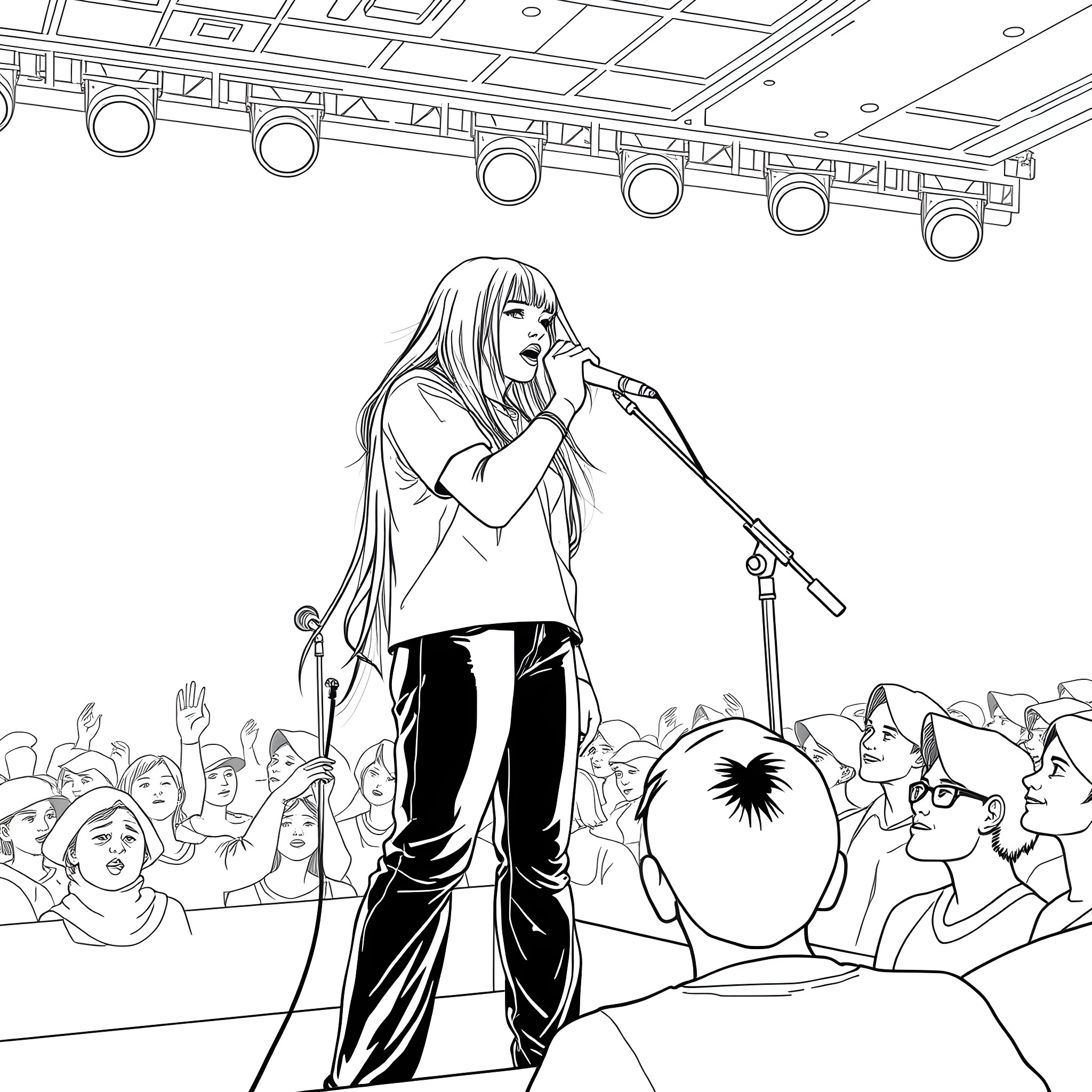 Billie Eilish performing on stage with a crowd Coloring Page (free black-and-white line drawing printable PDF for all, from beginners to advanced learners, including children, teens, adults, and seniors)