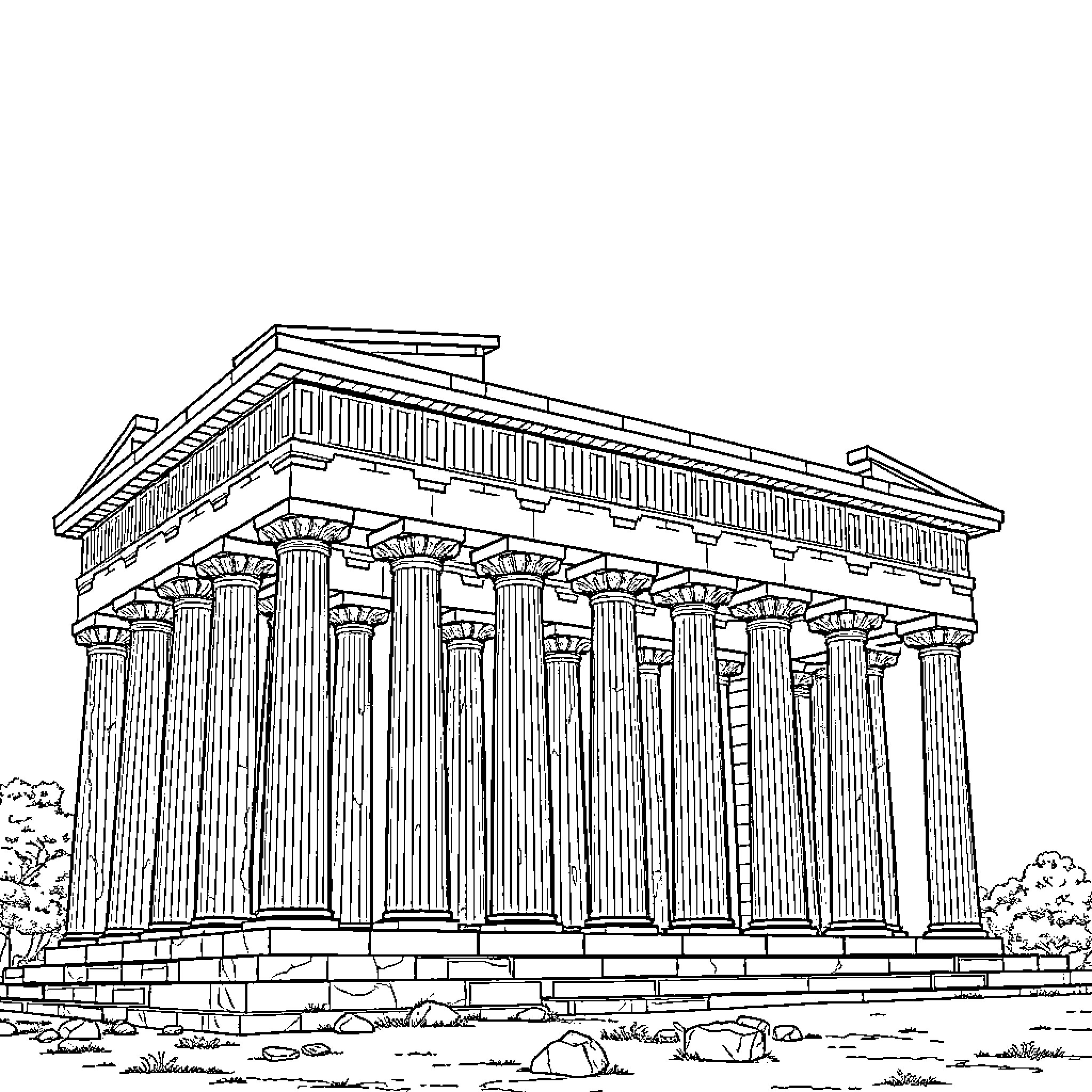 Temple of Ancient Greek Architecture Coloring Page (free black-and-white line drawing printable PDF for all, from beginners to advanced learners, including children, teens, adults, and seniors)