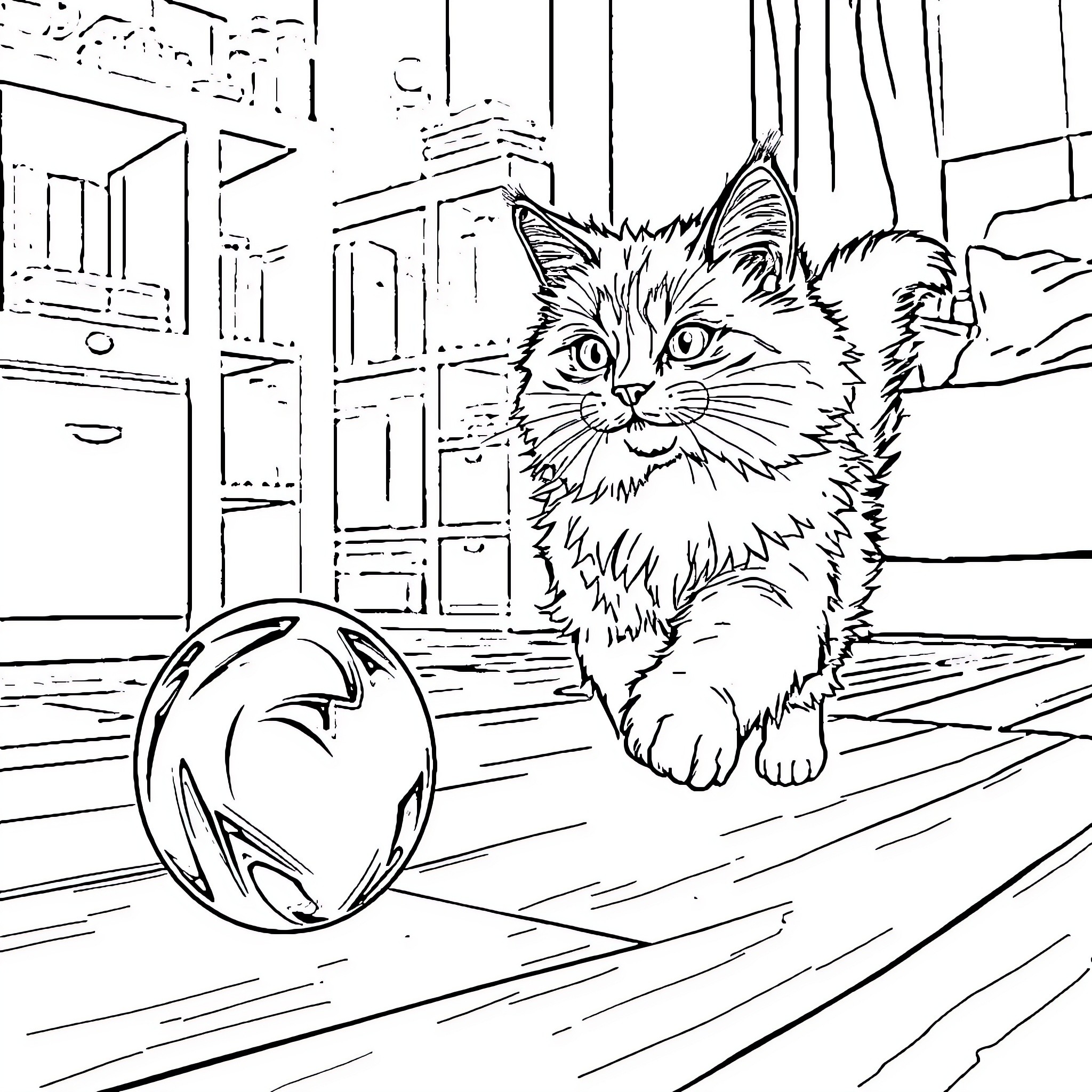 Ragdoll Cat playing with a ball in a room Coloring Page (free black-and-white line drawing printable PDF for all, from beginners to advanced learners, including children, teens, adults, and seniors)