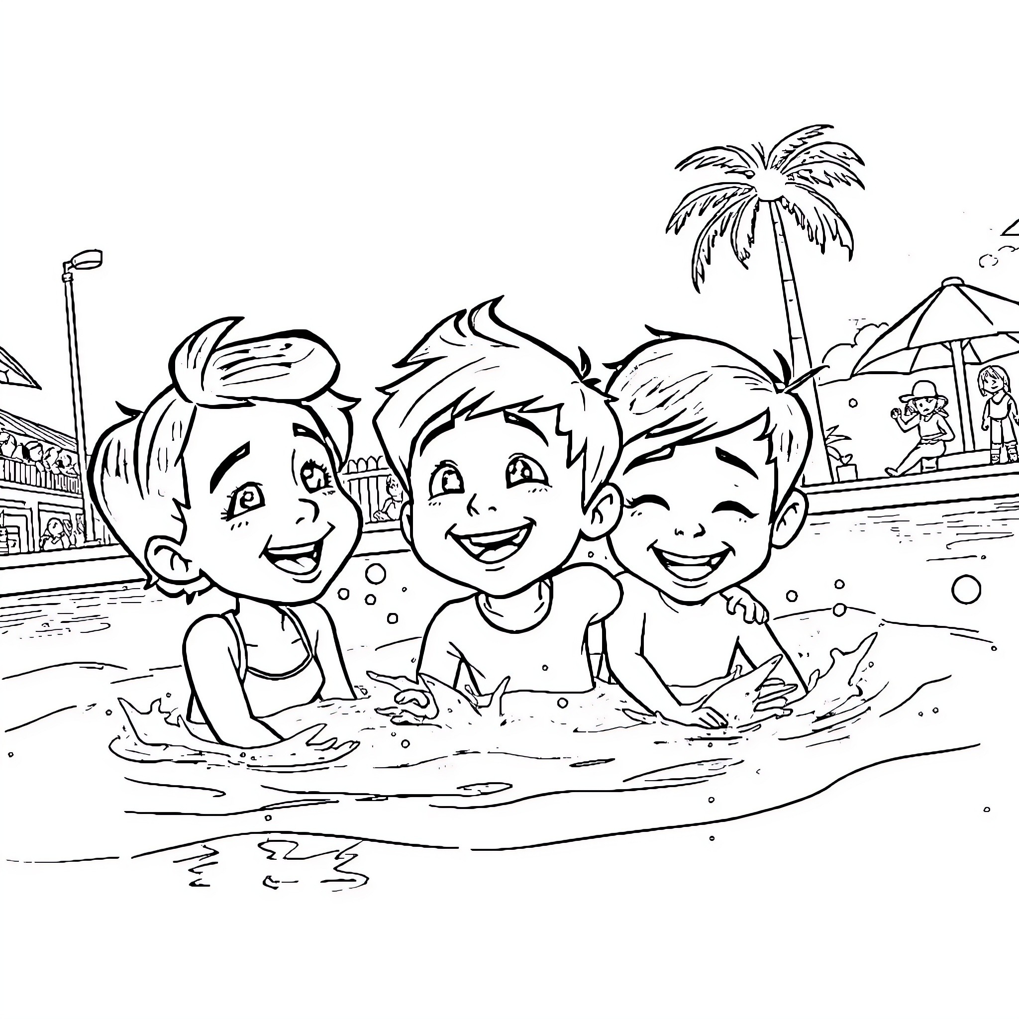 Luca and friends enjoying a summer day at the beach Coloring Page (free black-and-white line drawing printable PDF for all, from beginners to advanced learners, including children, teens, adults, and seniors)