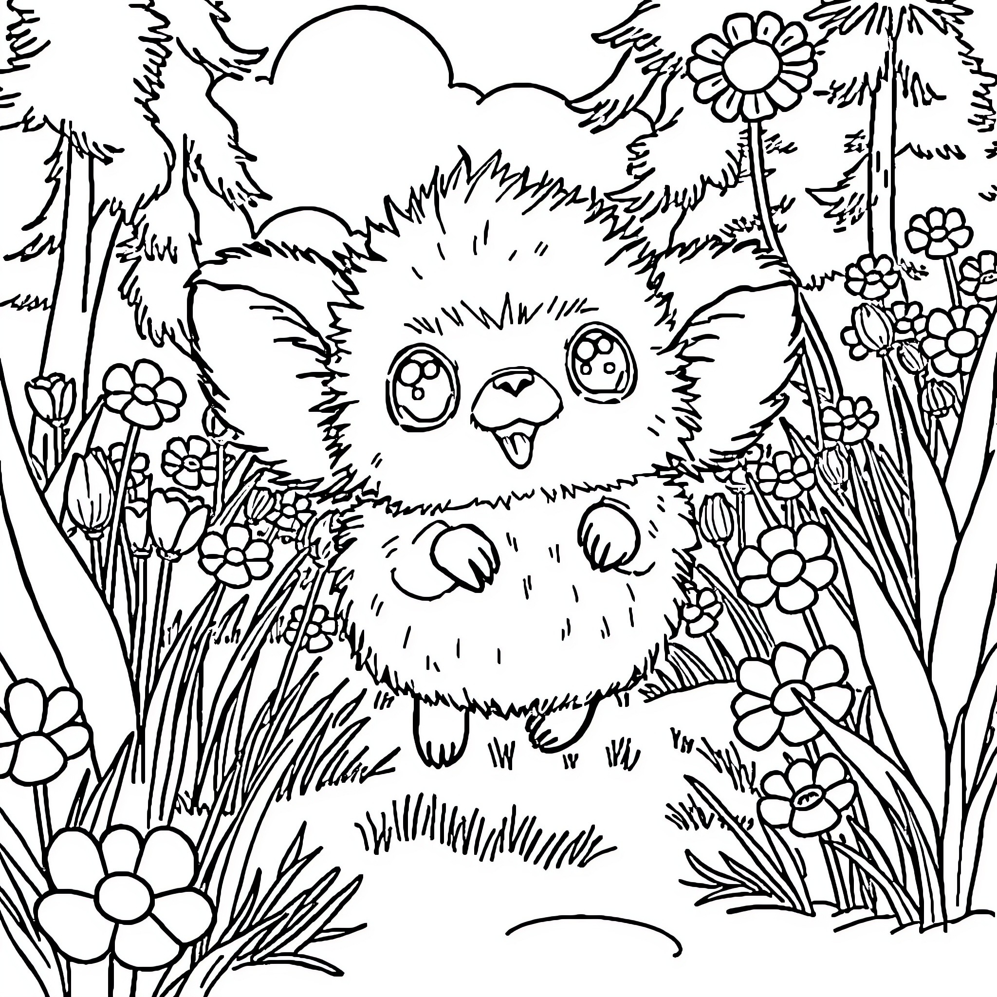 Labubu's Flowery Forest Adventure Coloring Page (free black-and-white line drawing printable PDF for all, from beginners to advanced learners, including children, teens, adults, and seniors)