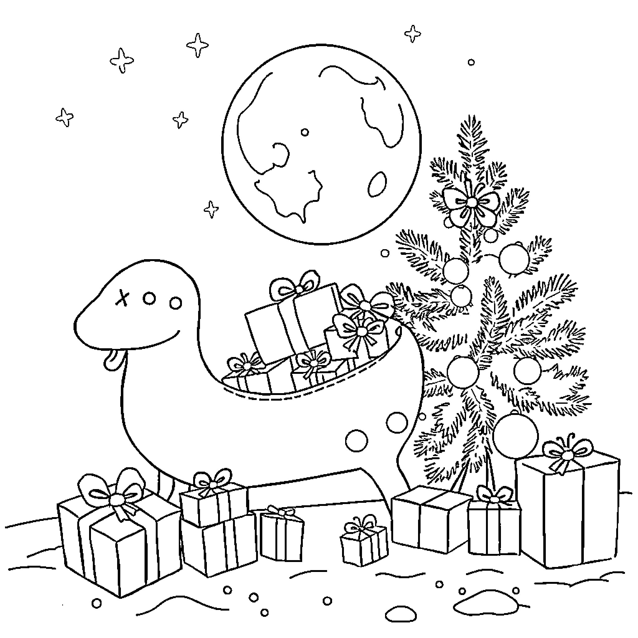 Sleigh full of gifts under starry night sky Coloring Page (free black-and-white line drawing printable PDF for all, from beginners to advanced learners, including children, teens, adults, and seniors)