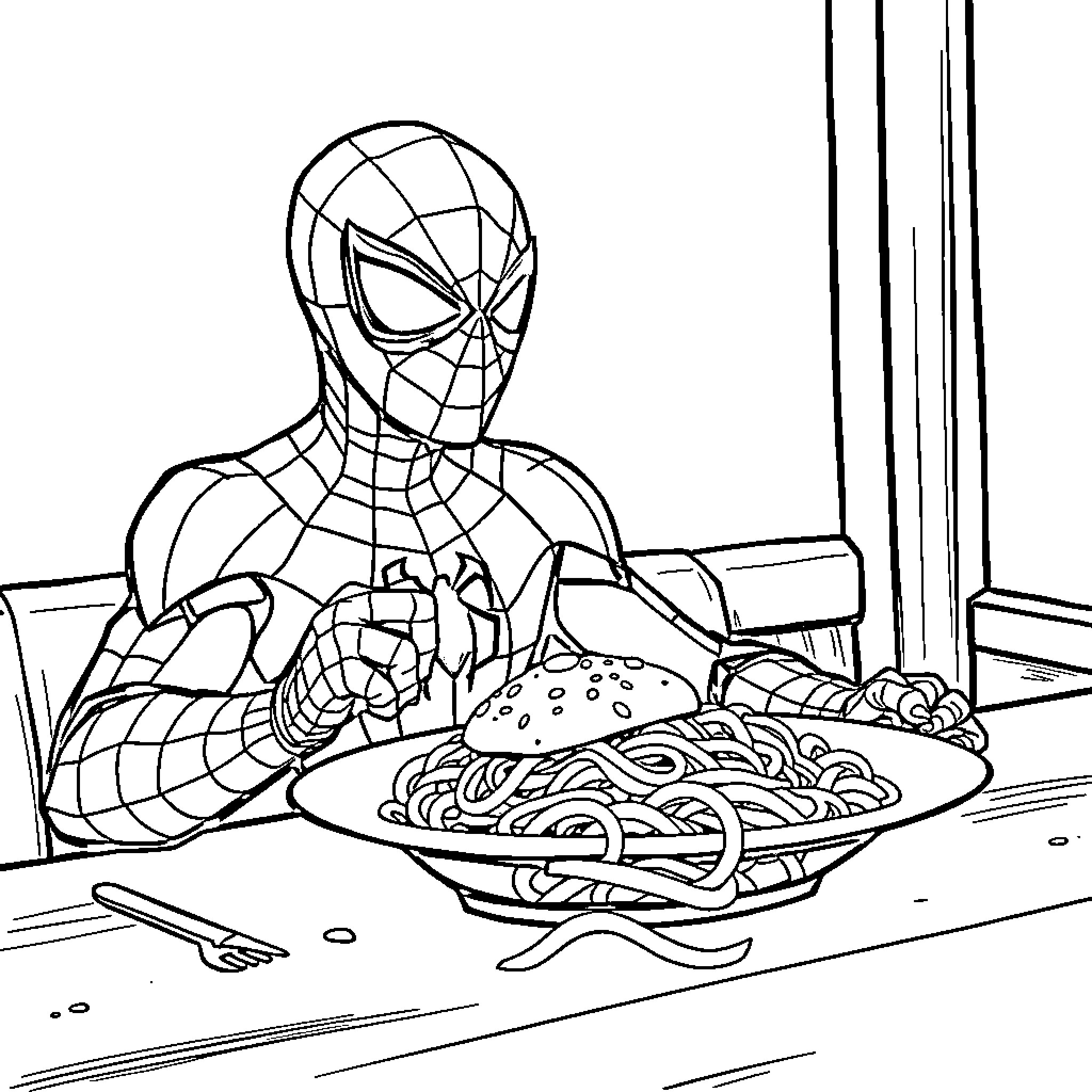 Spiderman Enjoying a Hearty Meal Coloring Page (free black-and-white line drawing printable PDF for all, from beginners to advanced learners, including children, teens, adults, and seniors)