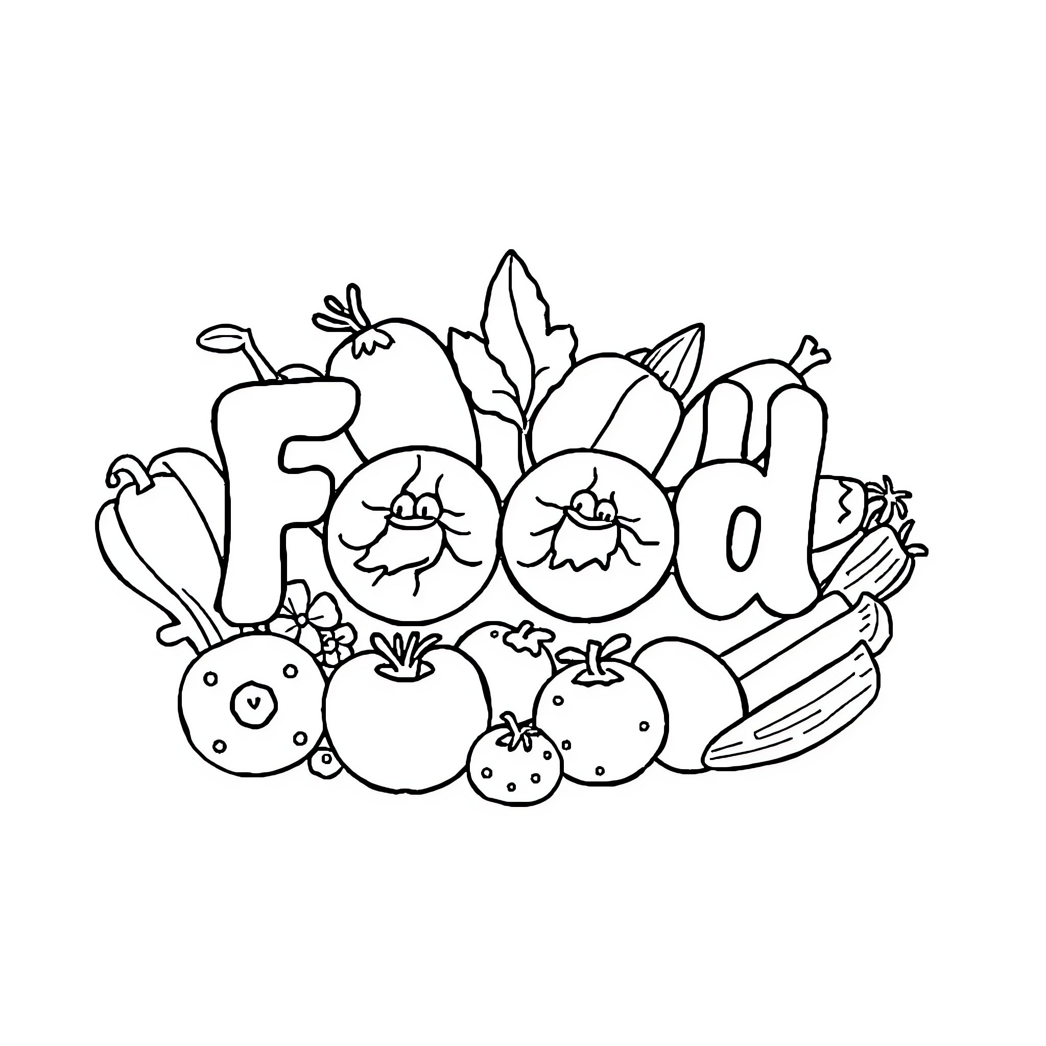 Food-themed Illustrated Assortment of Fruits and Vegetables Coloring Page (free black-and-white line drawing printable PDF for all, from beginners to advanced learners, including children, teens, adults, and seniors)