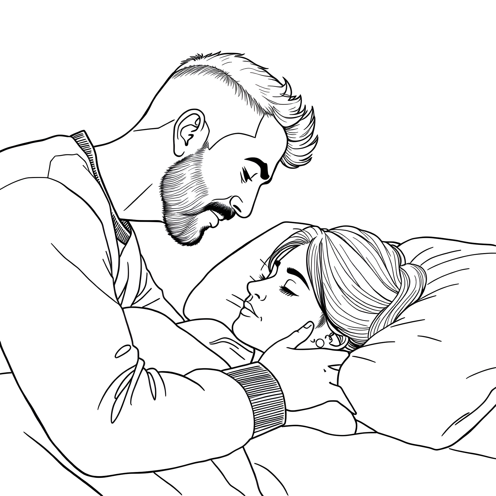 Man comforting woman resting on bed Coloring Page (free black-and-white line drawing printable PDF for all, from beginners to advanced learners, including children, teens, adults, and seniors)