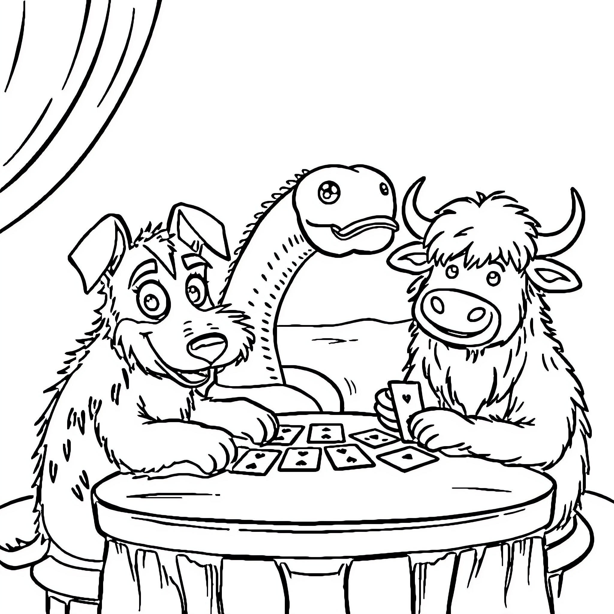 Scotch Terrier and Yak Enjoying a Game Together Coloring Page (free black-and-white line drawing printable PDF for all, from beginners to advanced learners, including children, teens, adults, and seniors)