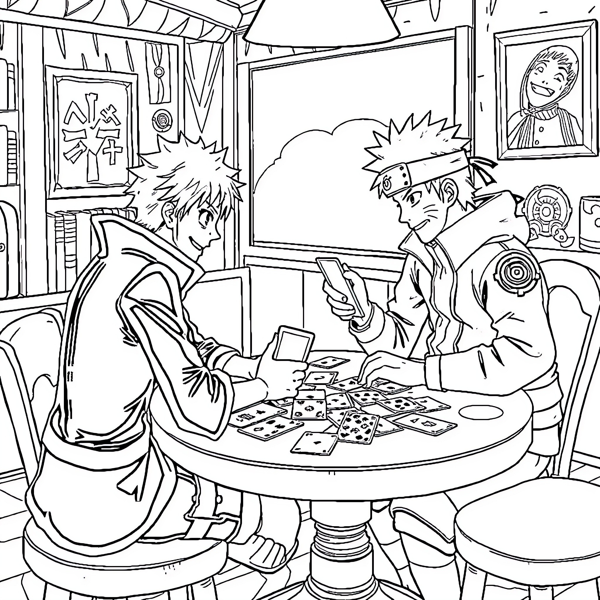 Luffy and Zoro Engaged in Card Game in Cozy Interior Coloring Page (free black-and-white line drawing printable PDF for all, from beginners to advanced learners, including children, teens, adults, and seniors)