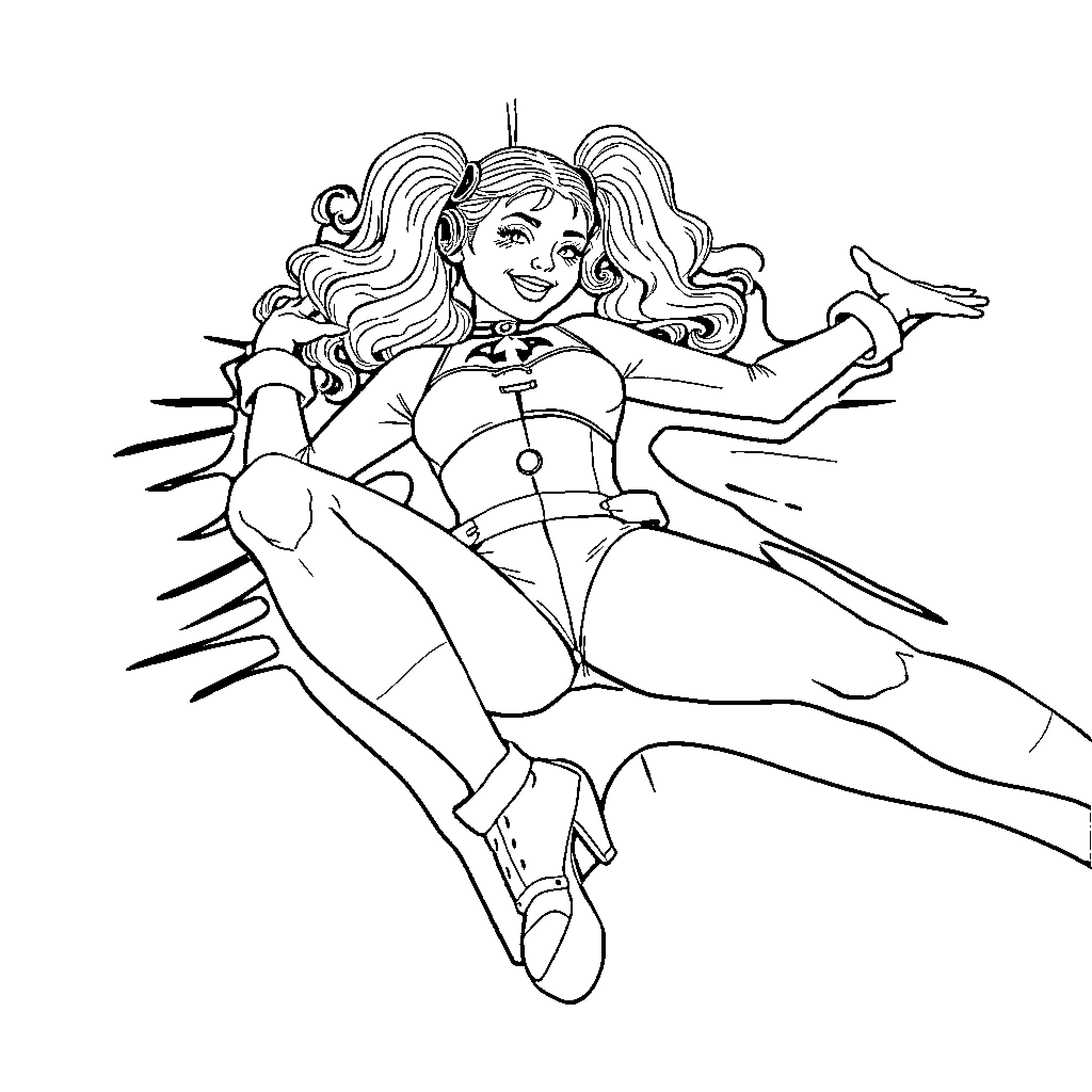 Harley Quinn striking a dynamic pose Coloring Page (free black-and-white line drawing printable PDF for all, from beginners to advanced learners, including children, teens, adults, and seniors)