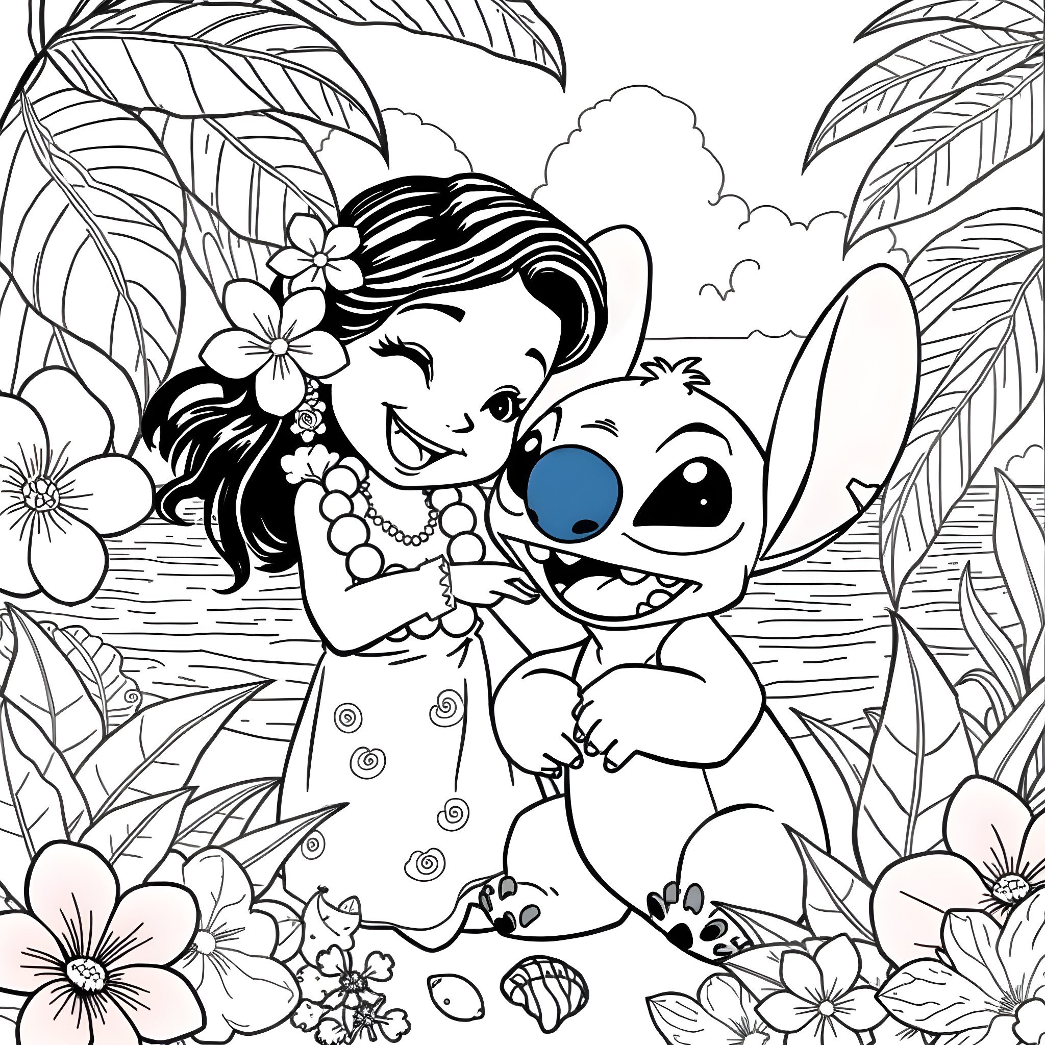 Lilo playing happily with Stitch in the tropical paradise Coloring Page (free black-and-white line drawing printable PDF for all, from beginners to advanced learners, including children, teens, adults, and seniors)