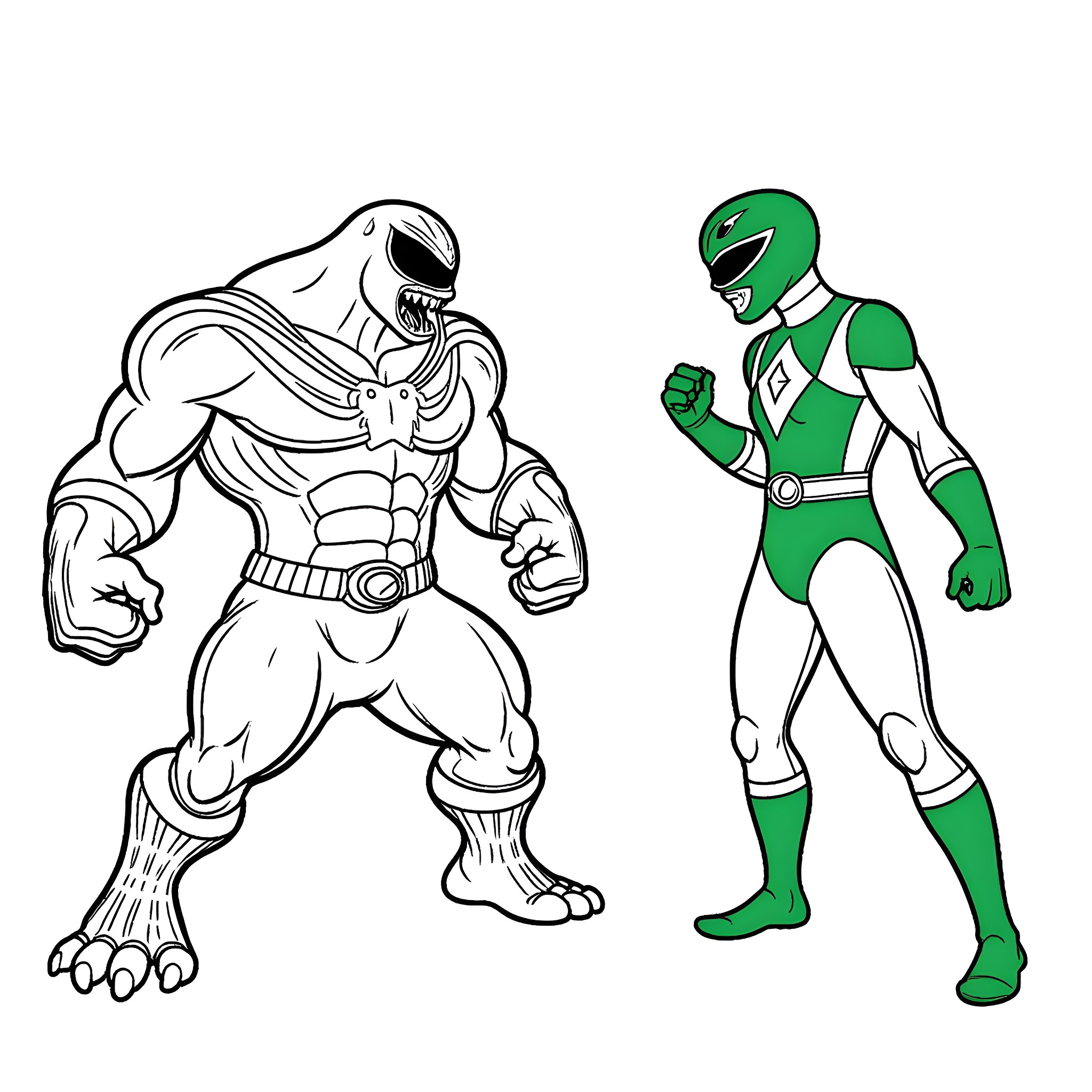 Venom and Green Ranger in Action Poses Coloring Page (free black-and-white line drawing printable PDF for all, from beginners to advanced learners, including children, teens, adults, and seniors)
