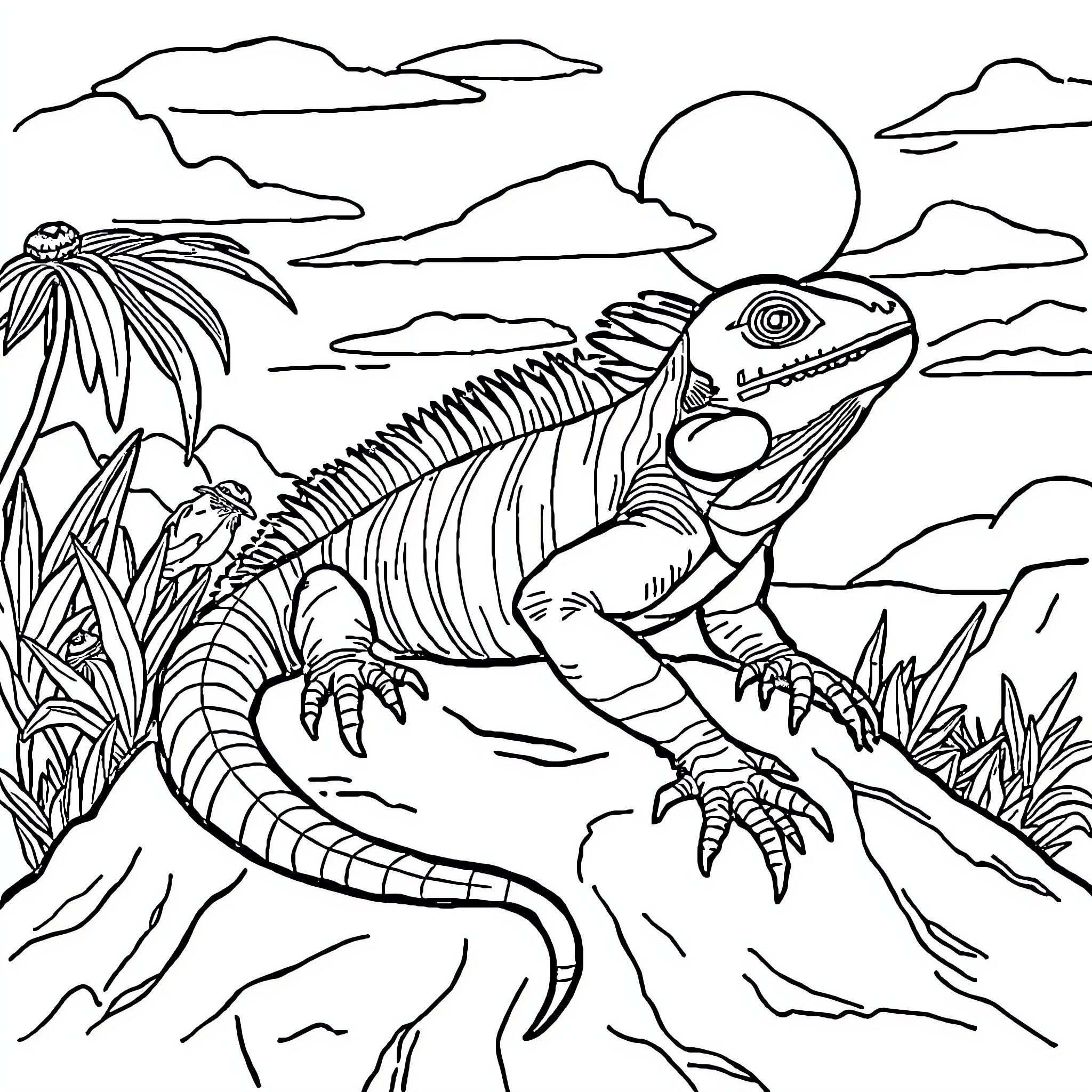 Iguana basking in the tropical landscape Coloring Page (free black-and-white line drawing printable PDF for all, from beginners to advanced learners, including children, teens, adults, and seniors)