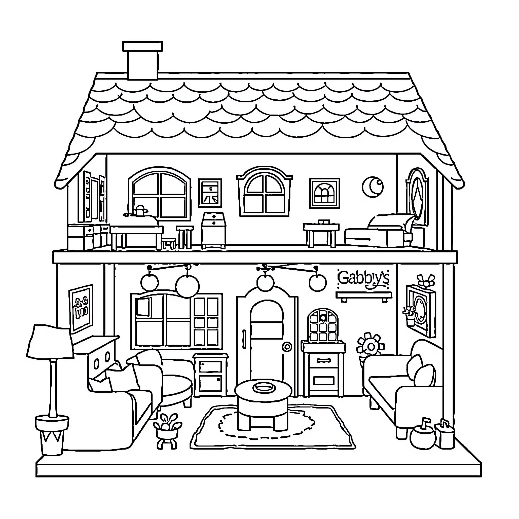 Dollhouse with Detailed Rooms and Furnishings Coloring Page (free black-and-white line drawing printable PDF for all, from beginners to advanced learners, including children, teens, adults, and seniors)