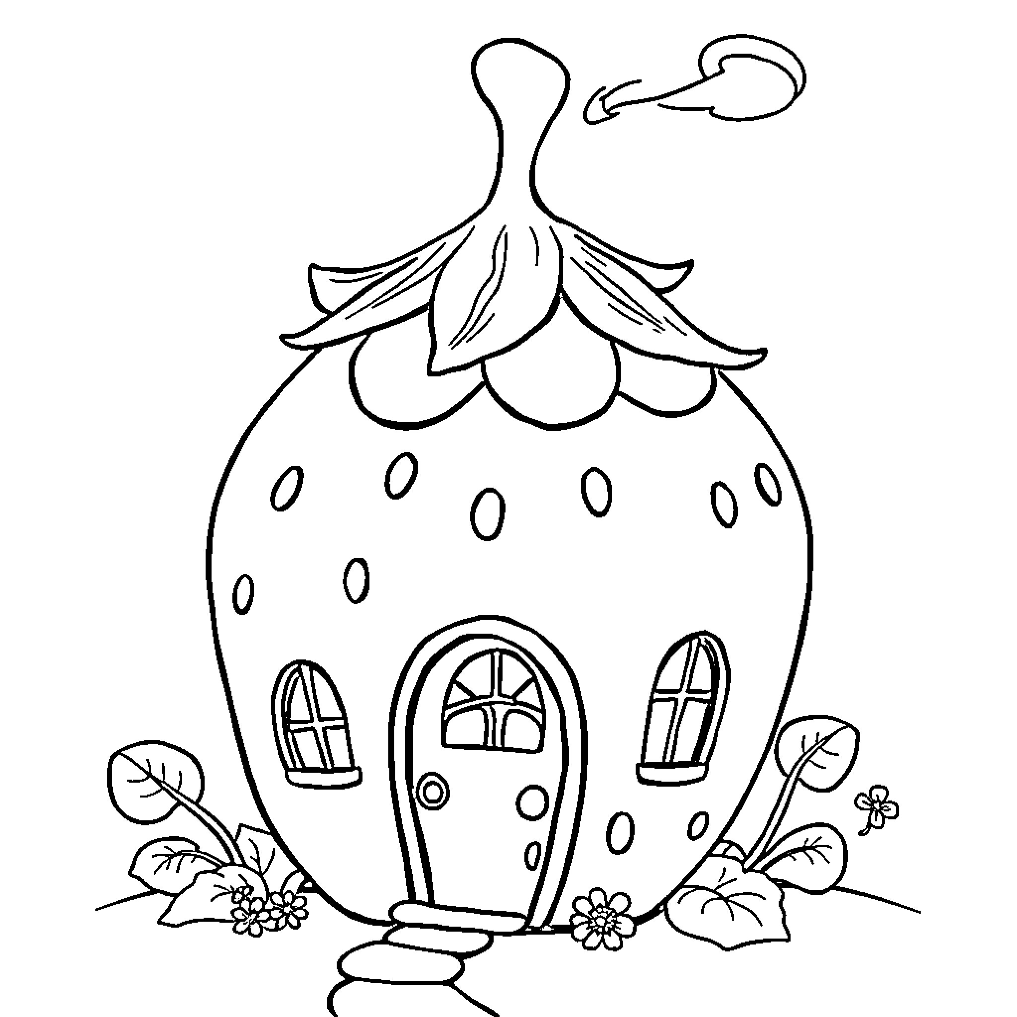 Strawberry-shaped cottage in a garden Coloring Page (free black-and-white line drawing printable PDF for all, from beginners to advanced learners, including children, teens, adults, and seniors)