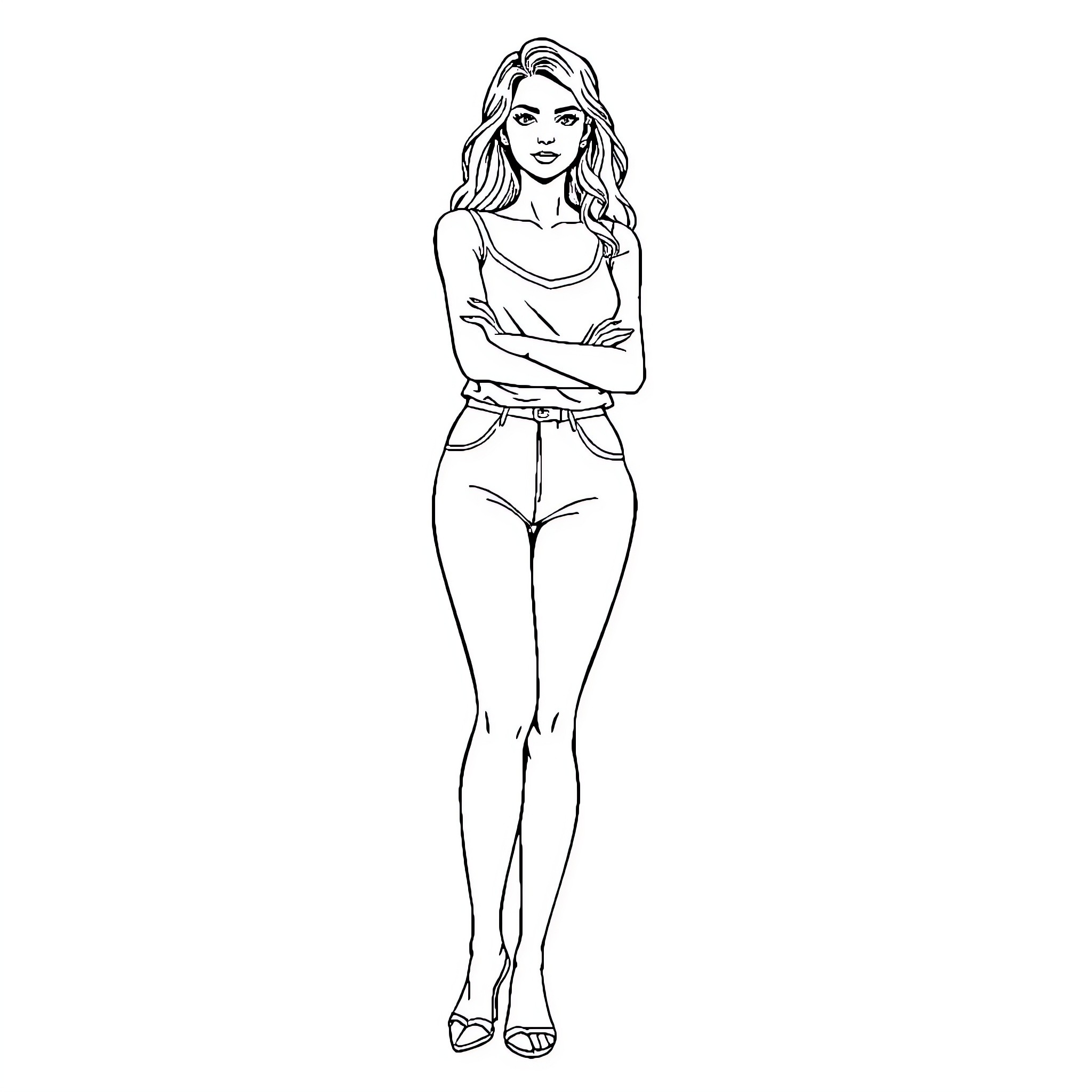 Woman Posing Confidently in Casual Attire Coloring Page (free black-and-white line drawing printable PDF for all, from beginners to advanced learners, including children, teens, adults, and seniors)
