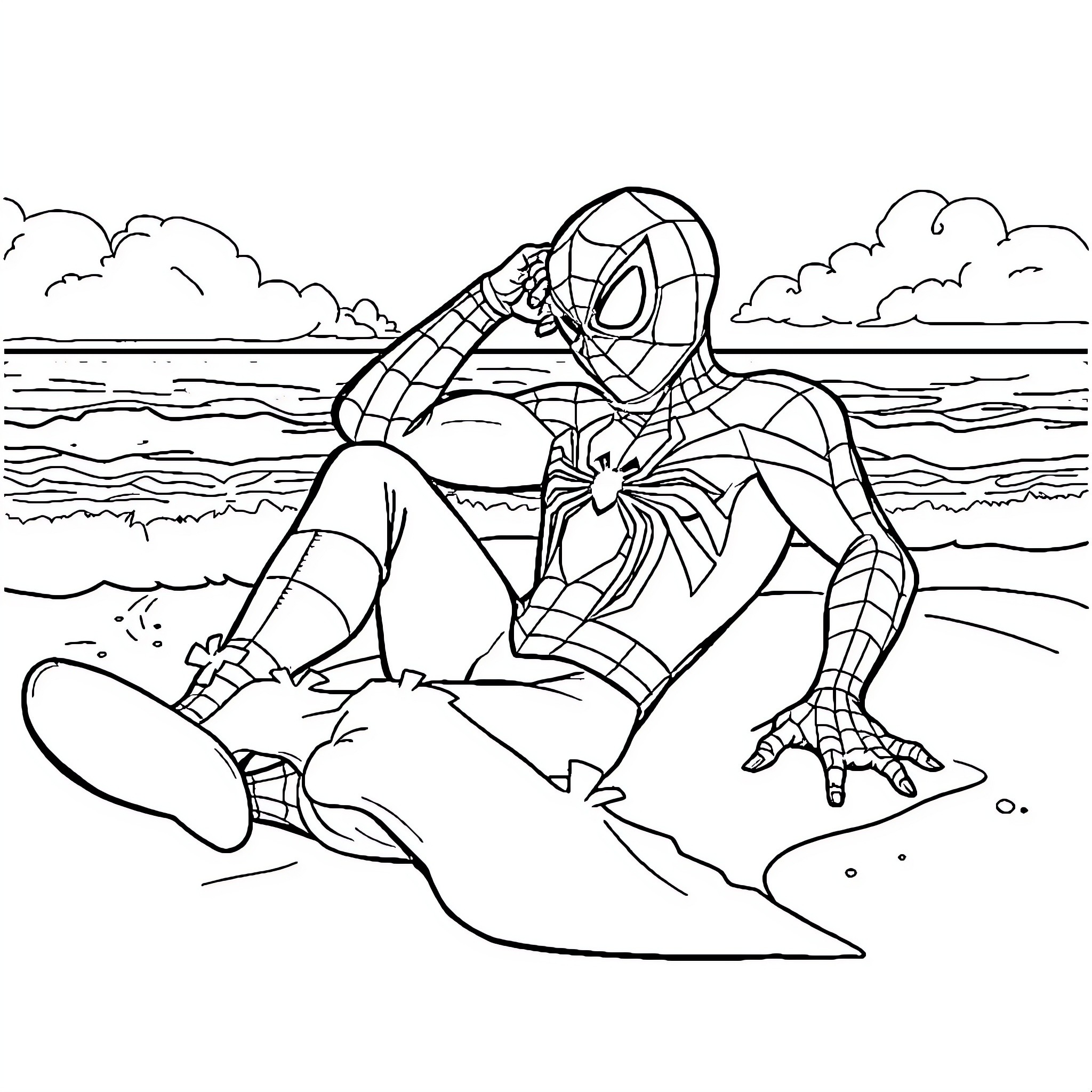 Spiderman enjoying the beach scenery Coloring Page (free black-and-white line drawing printable PDF for all, from beginners to advanced learners, including children, teens, adults, and seniors)