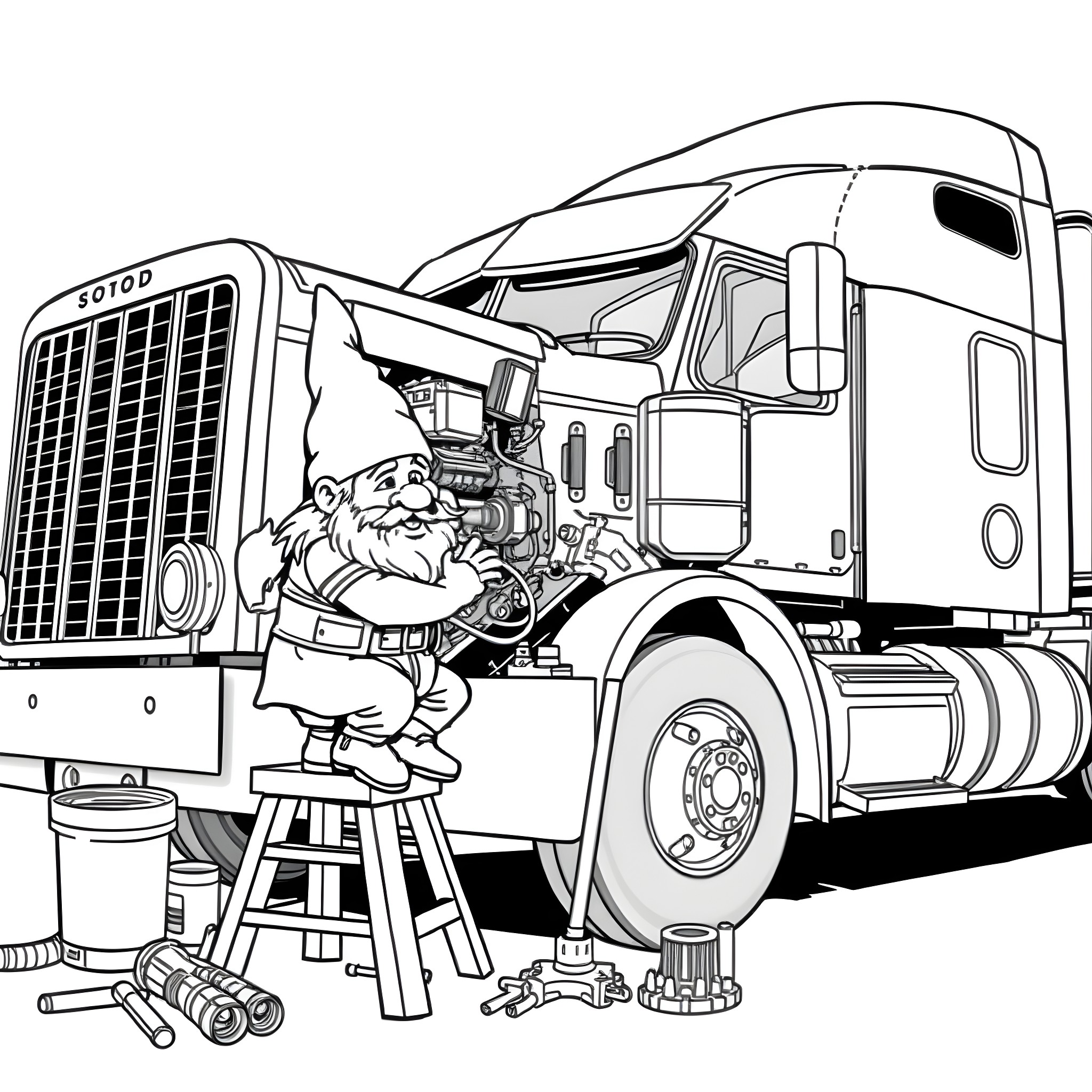 Gnome mechanic working on a semi-truck Coloring Page (free black-and-white line drawing printable PDF for all, from beginners to advanced learners, including children, teens, adults, and seniors)