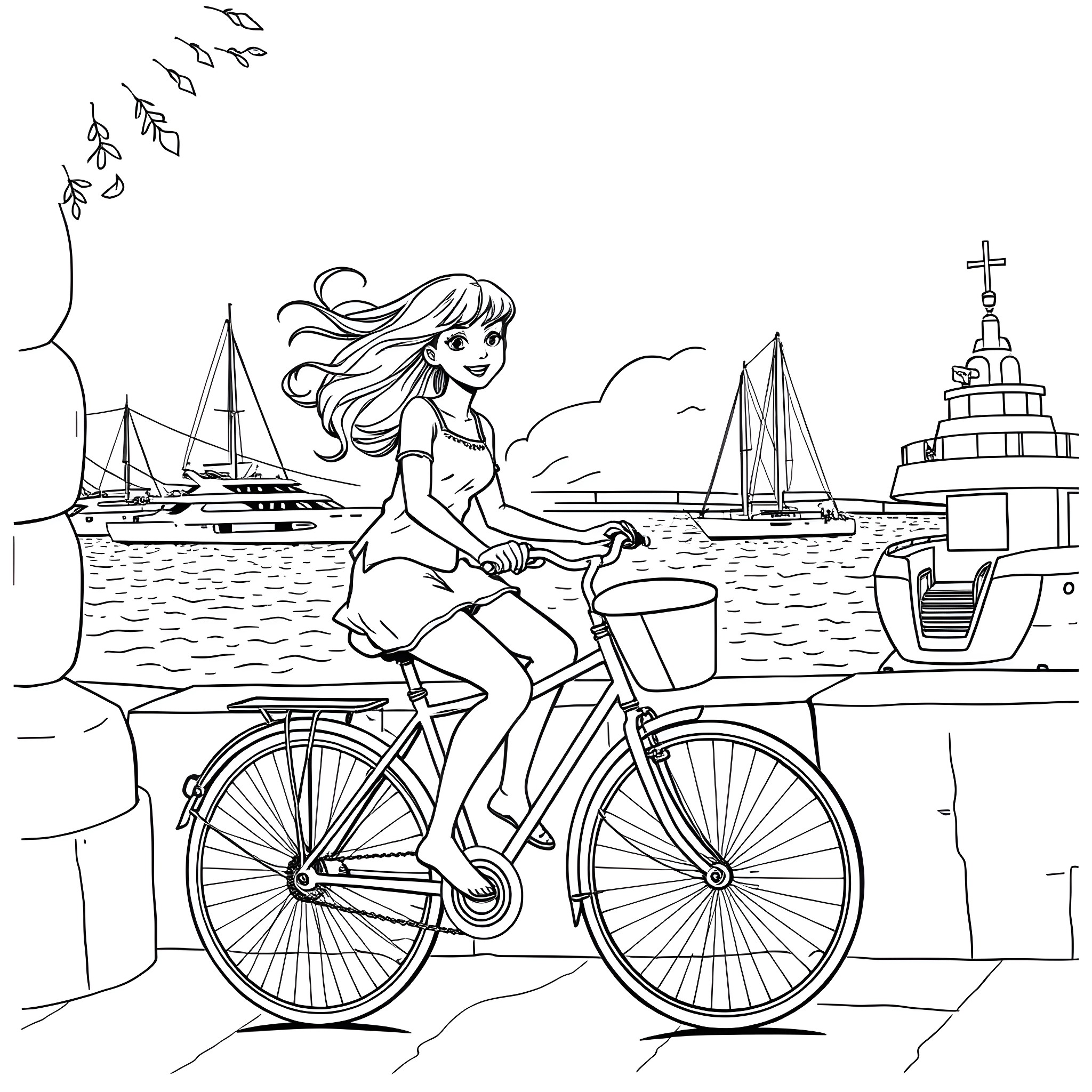 Girl riding bicycle by the seaside Coloring Page (free black-and-white line drawing printable PDF for all, from beginners to advanced learners, including children, teens, adults, and seniors)
