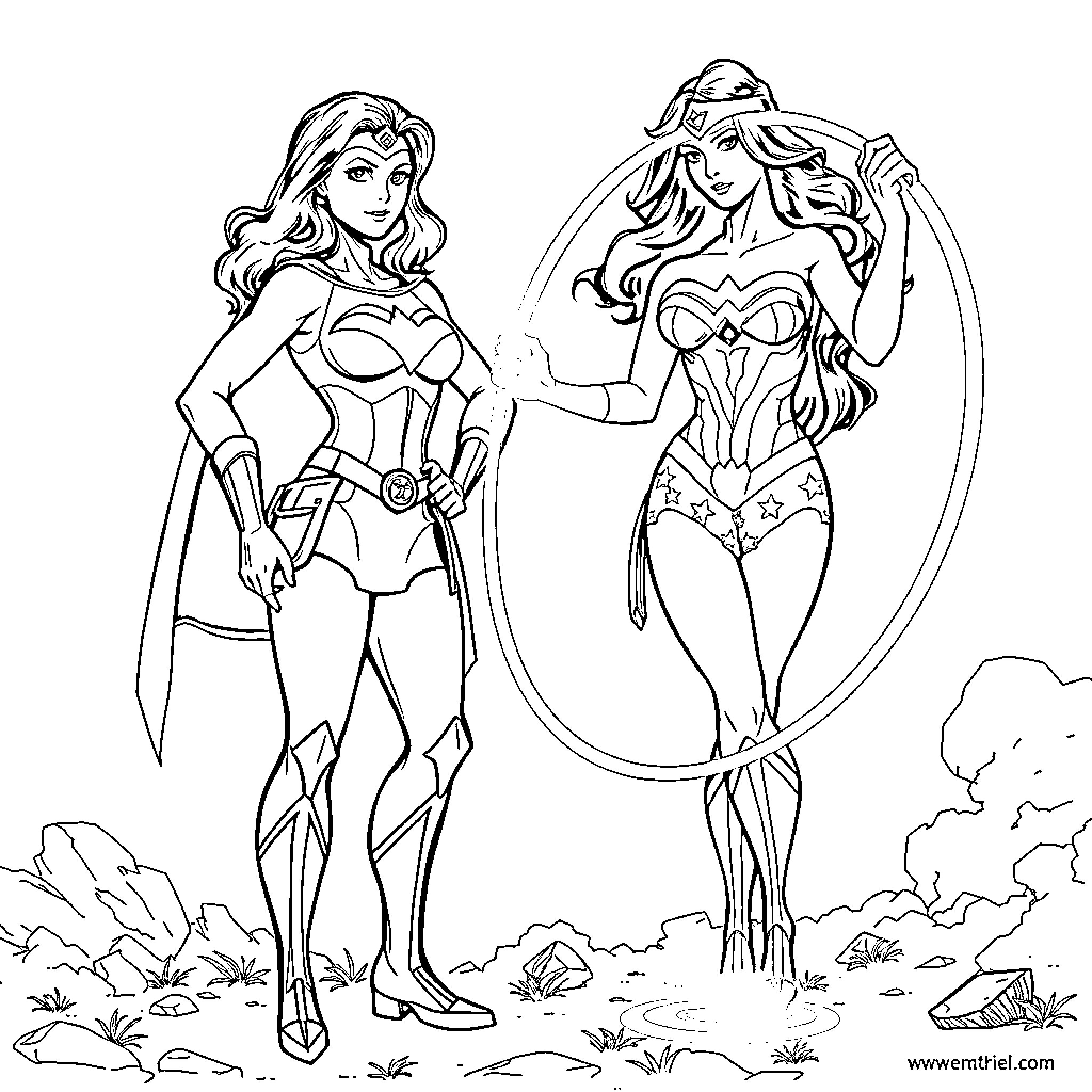 Powergirls in heroic poses Coloring Page (free black-and-white line drawing printable PDF for all, from beginners to advanced learners, including children, teens, adults, and seniors)