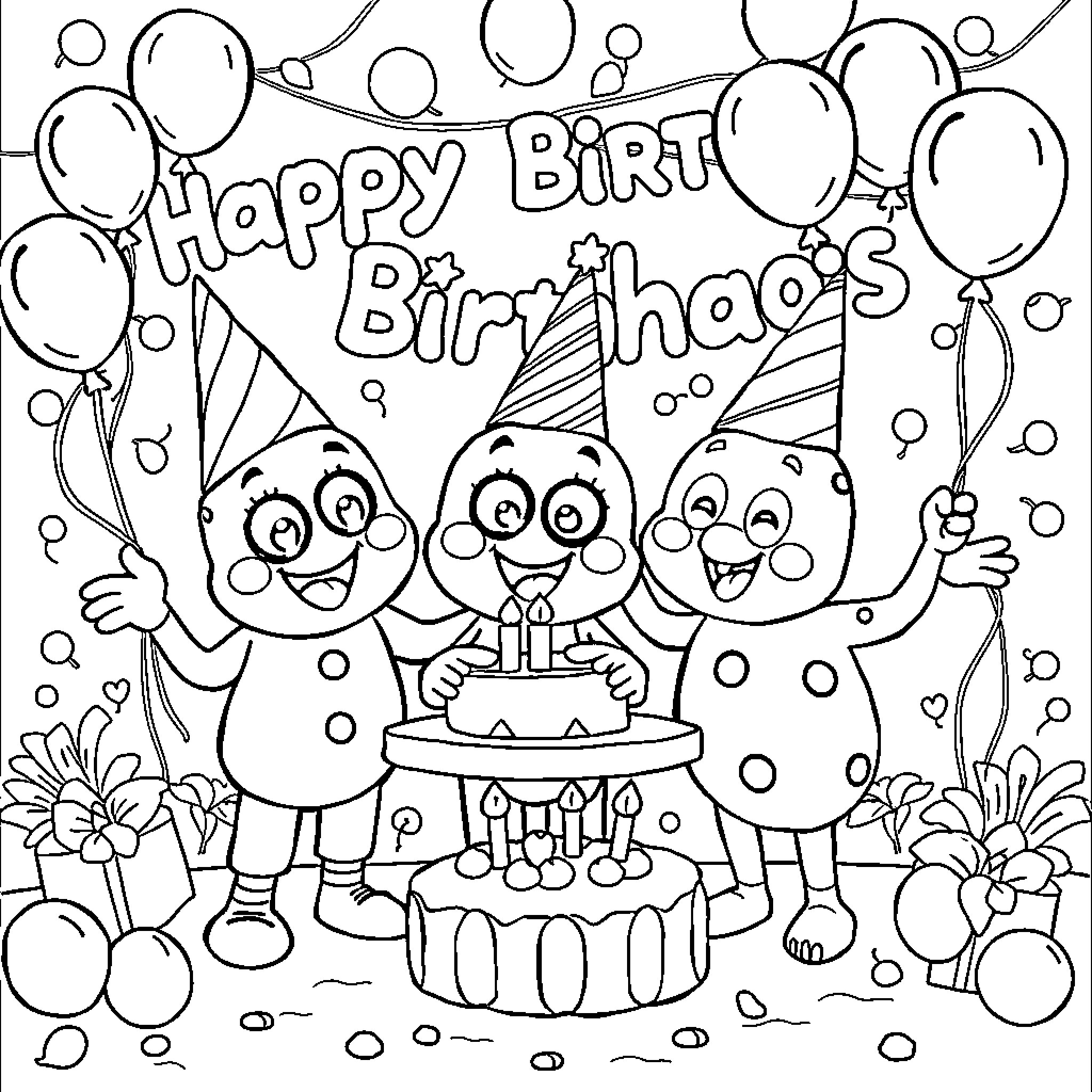 Number Blocks Celebrating a Birthday Party Coloring Page (free black-and-white line drawing printable PDF for all, from beginners to advanced learners, including children, teens, adults, and seniors)