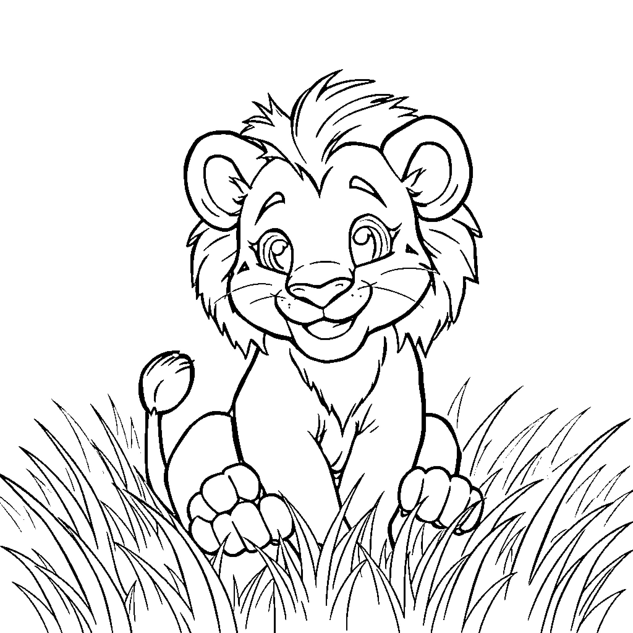 Lion cub playing in the grass Coloring Page (free black-and-white line drawing printable PDF for all, from beginners to advanced learners, including children, teens, adults, and seniors)