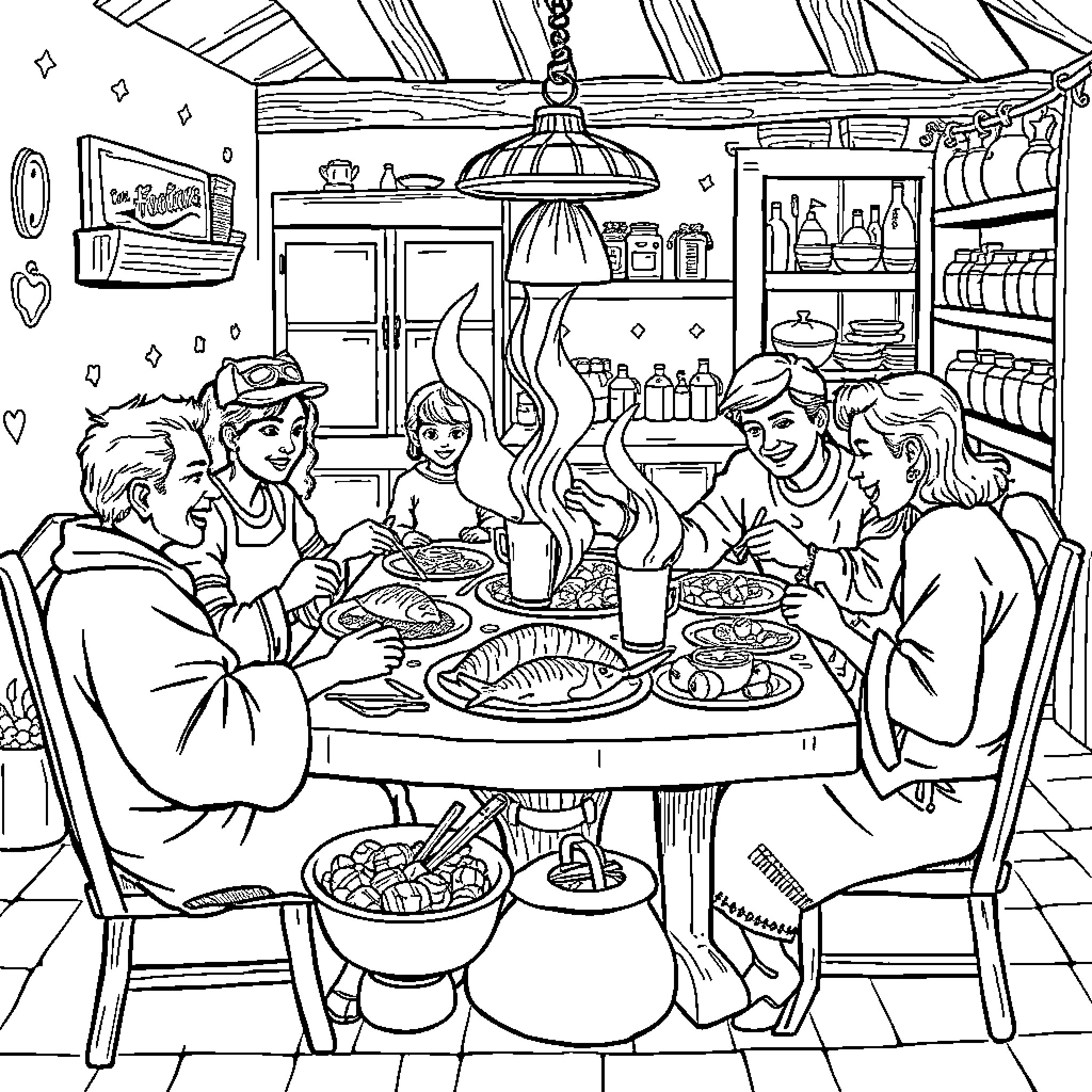 Codfish family enjoying a cozy meal together Coloring Page (free black-and-white line drawing printable PDF for all, from beginners to advanced learners, including children, teens, adults, and seniors)