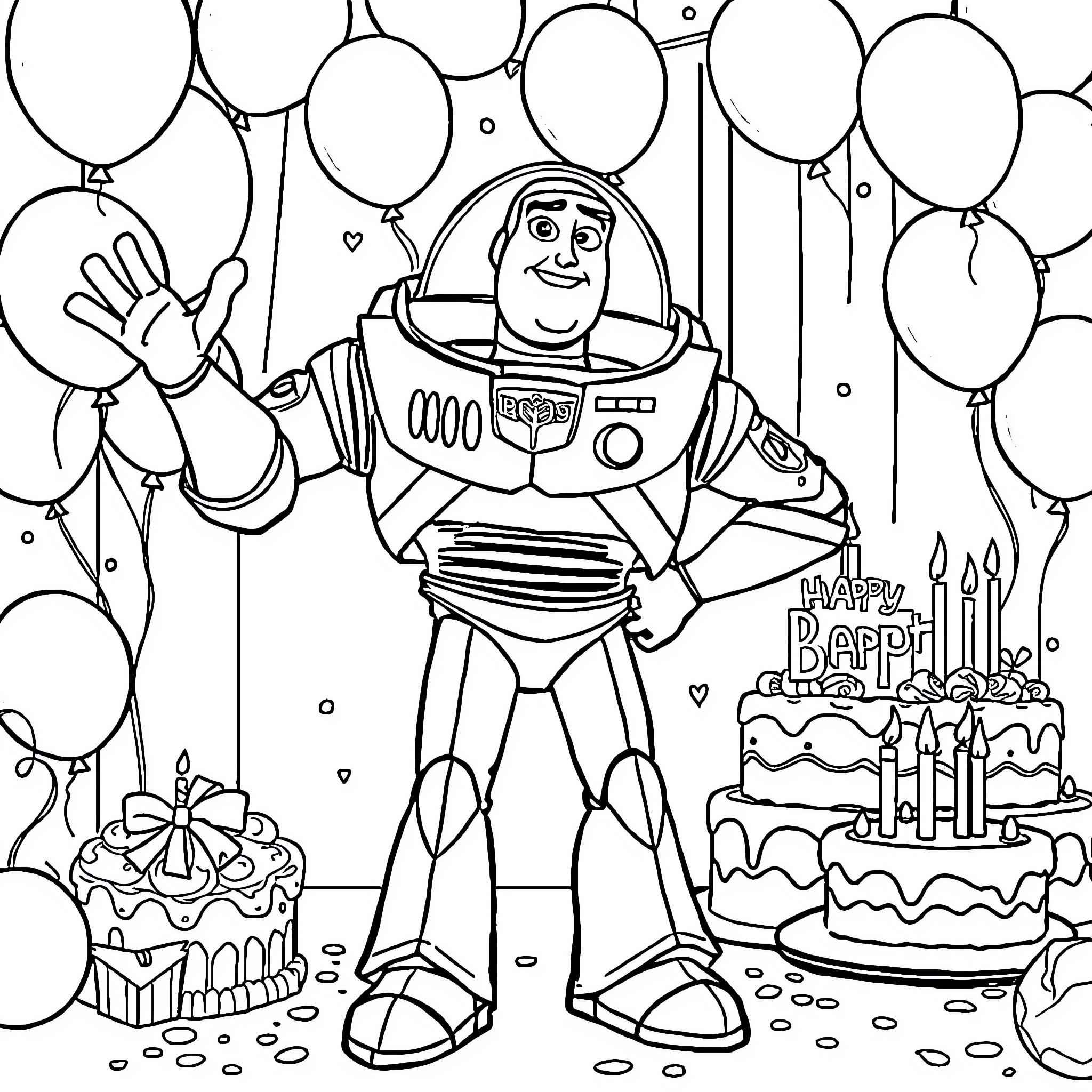Buzz Lightyear celebrates birthday with cake and balloons Coloring Page (free black-and-white line drawing printable PDF for all, from beginners to advanced learners, including children, teens, adults, and seniors)