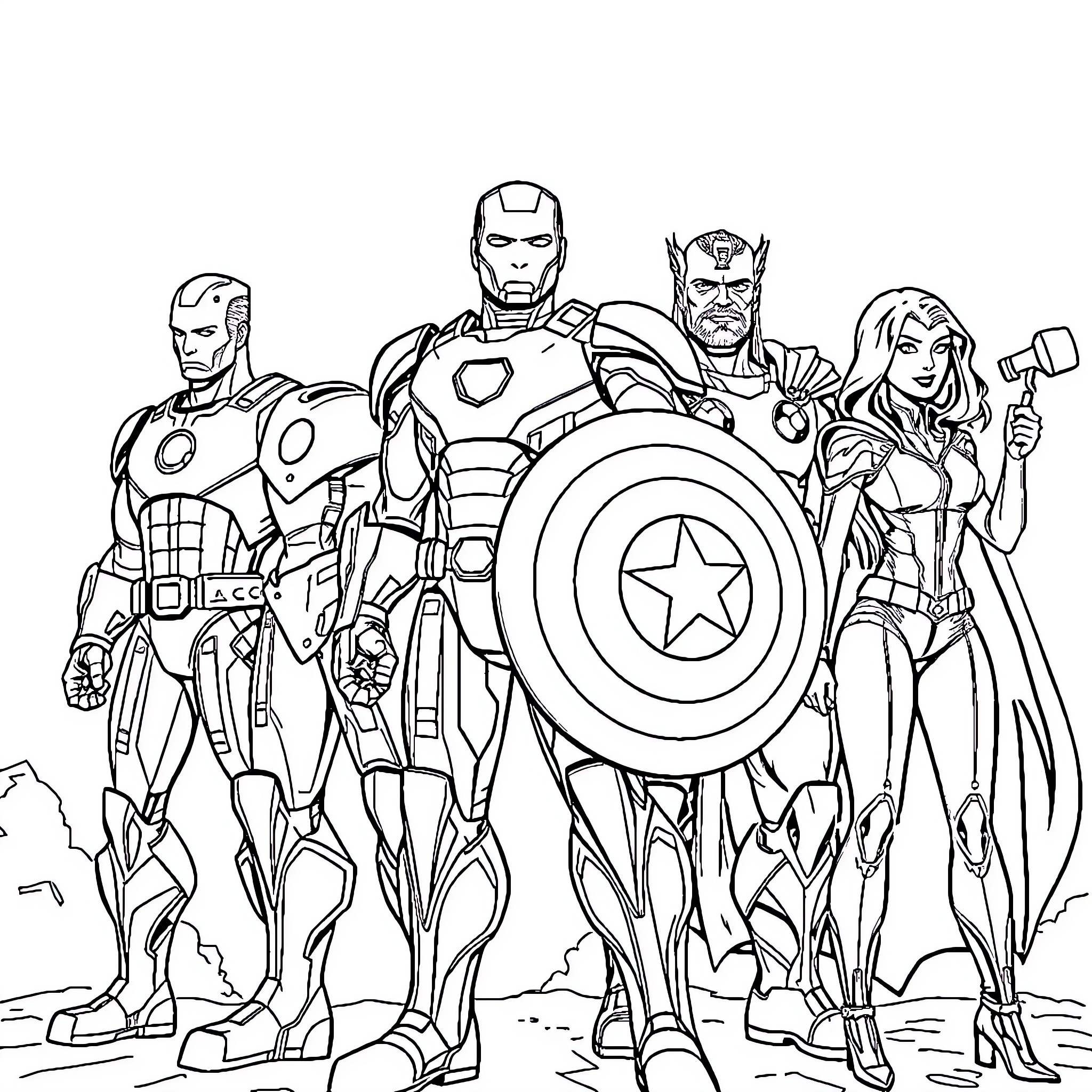 Avenger Superheroes in Action Poses Coloring Page (free black-and-white line drawing printable PDF for all, from beginners to advanced learners, including children, teens, adults, and seniors)