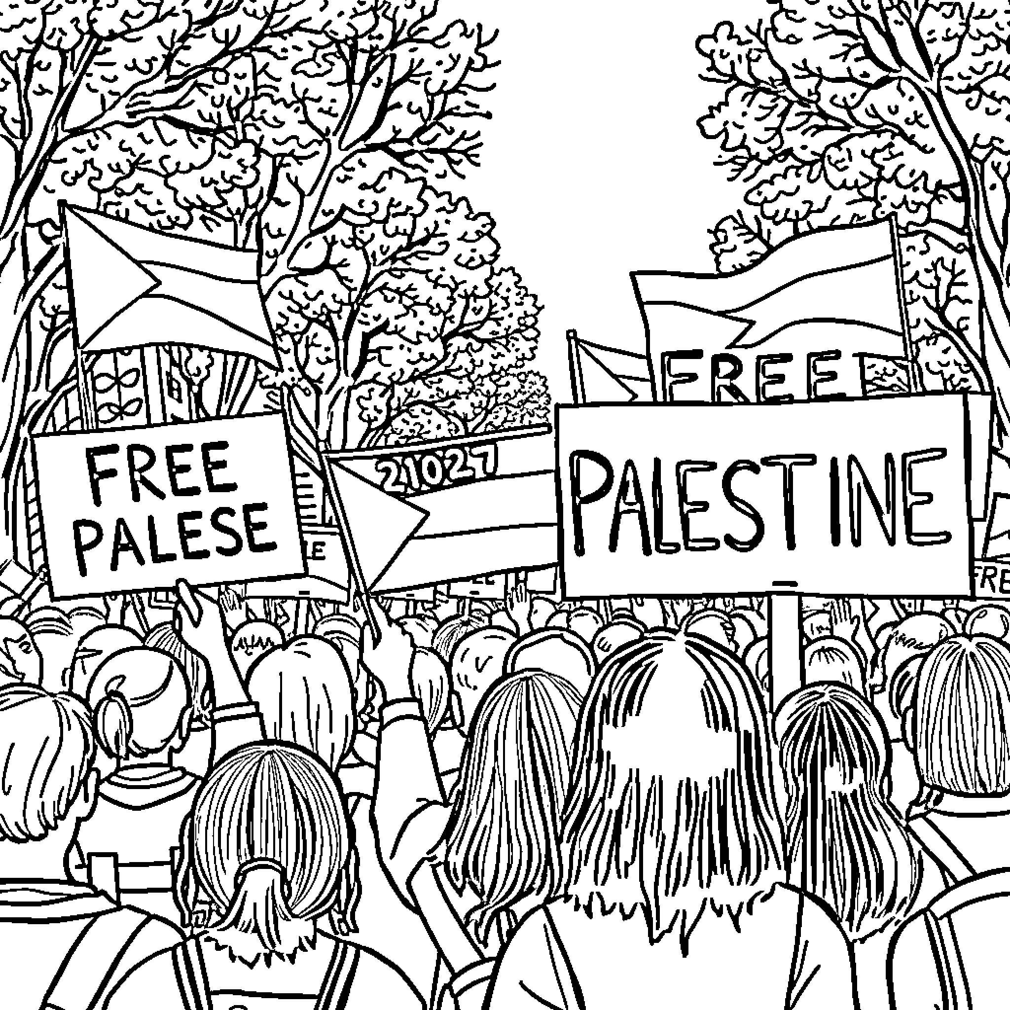 Palestine protesters rally for freedom and justice Coloring Page (free black-and-white line drawing printable PDF for all, from beginners to advanced learners, including children, teens, adults, and seniors)