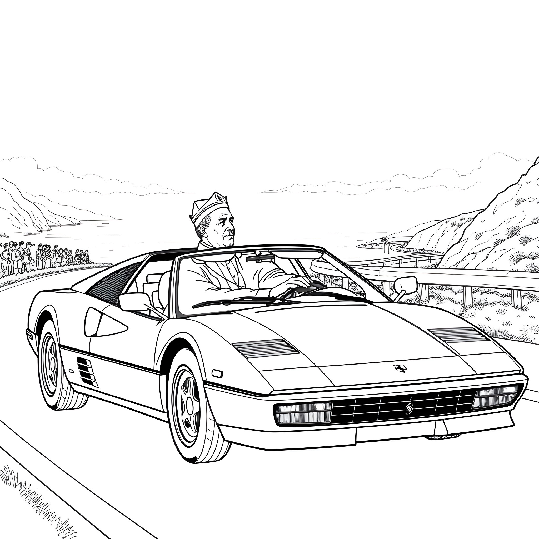 John Paul 2 drives a sleek sports car on the open road Coloring Page (free black-and-white line drawing printable PDF for all, from beginners to advanced learners, including children, teens, adults, and seniors)