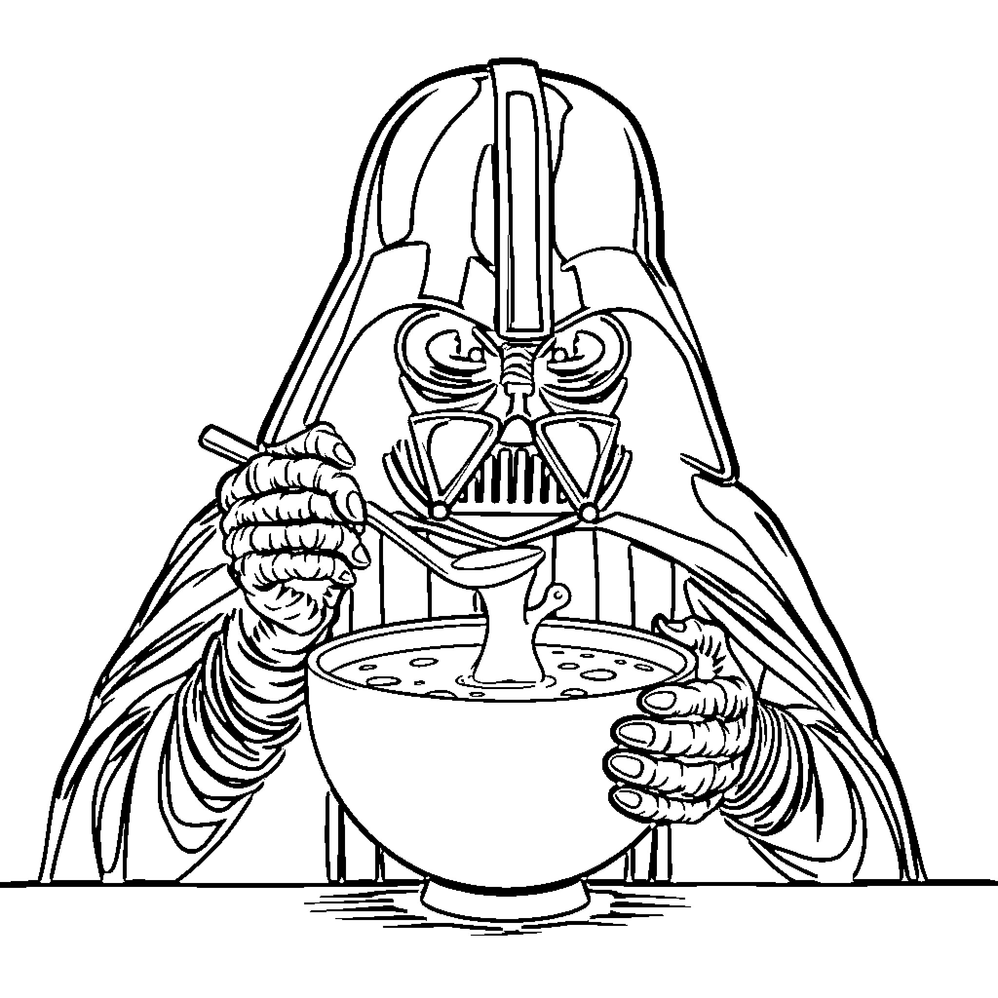 Darth Vader enjoying a warm beverage Coloring Page (free black-and-white line drawing printable PDF for all, from beginners to advanced learners, including children, teens, adults, and seniors)